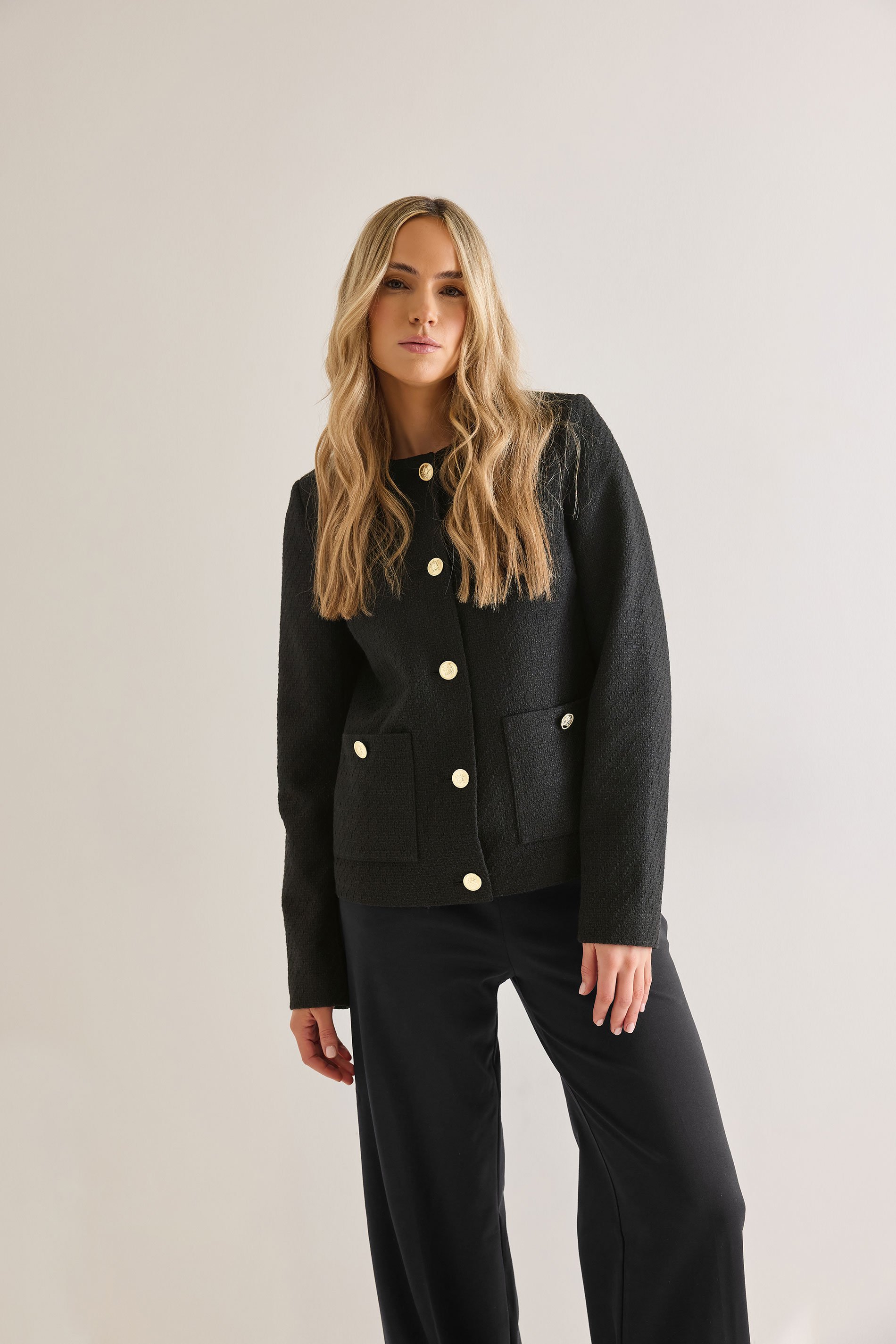 LTS Tall Black Boucle Tweed Button Jacket | Long Tall Sally 1