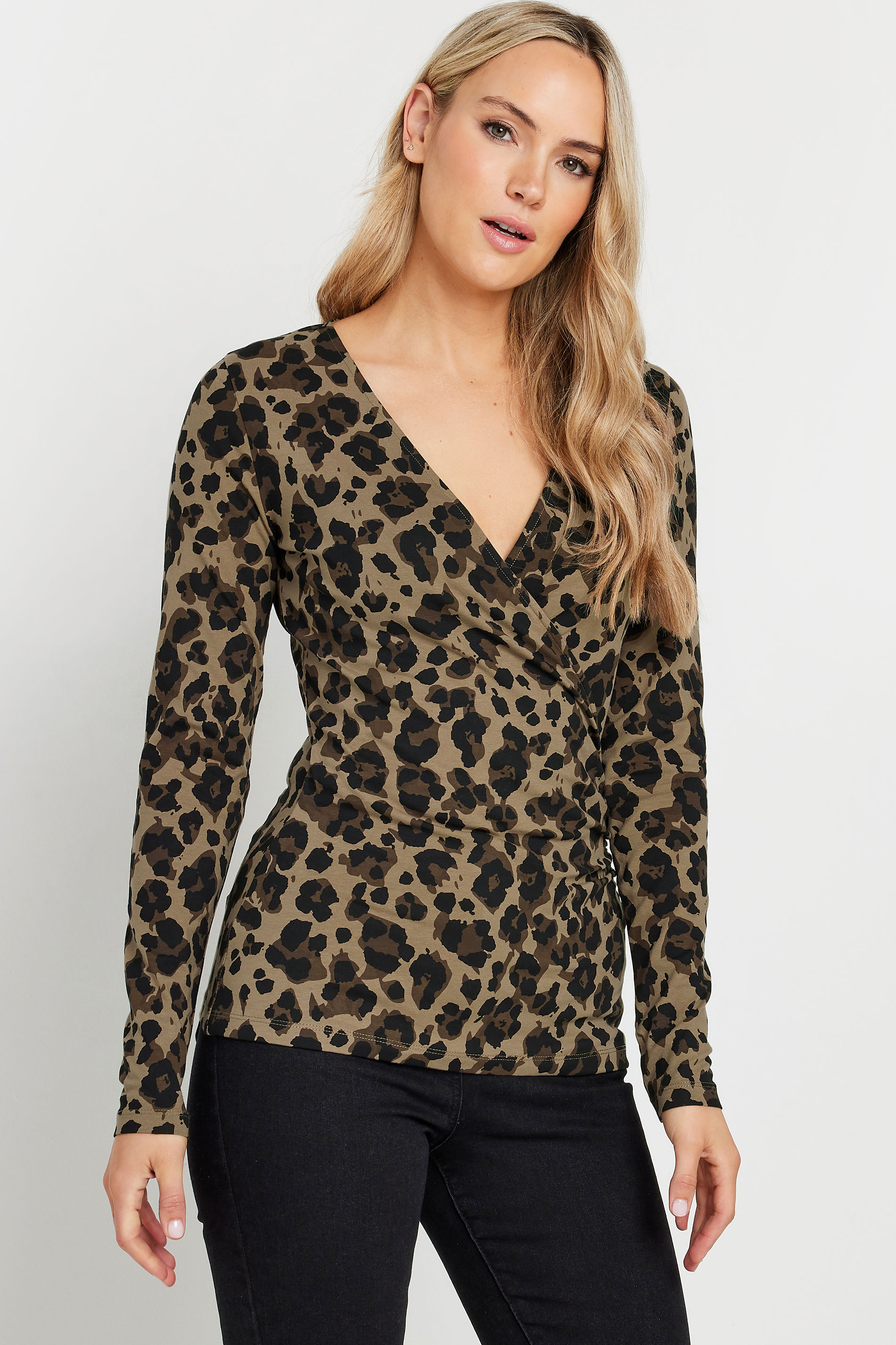 LTS Tall Brown Leopard Print Long Sleeve Wrap Top | Long Tall Sally 1