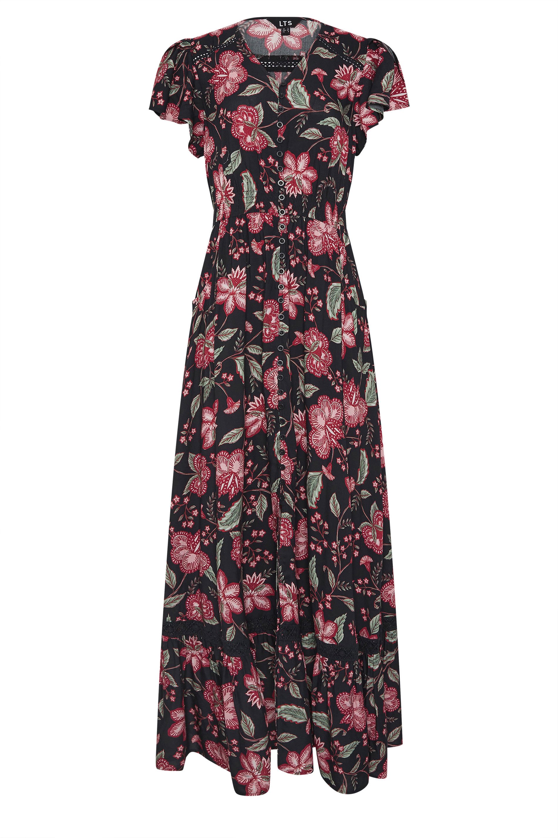 LTS Tall Black Floral Button Lace Insert Maxi Dress | Long Tall Sally 6