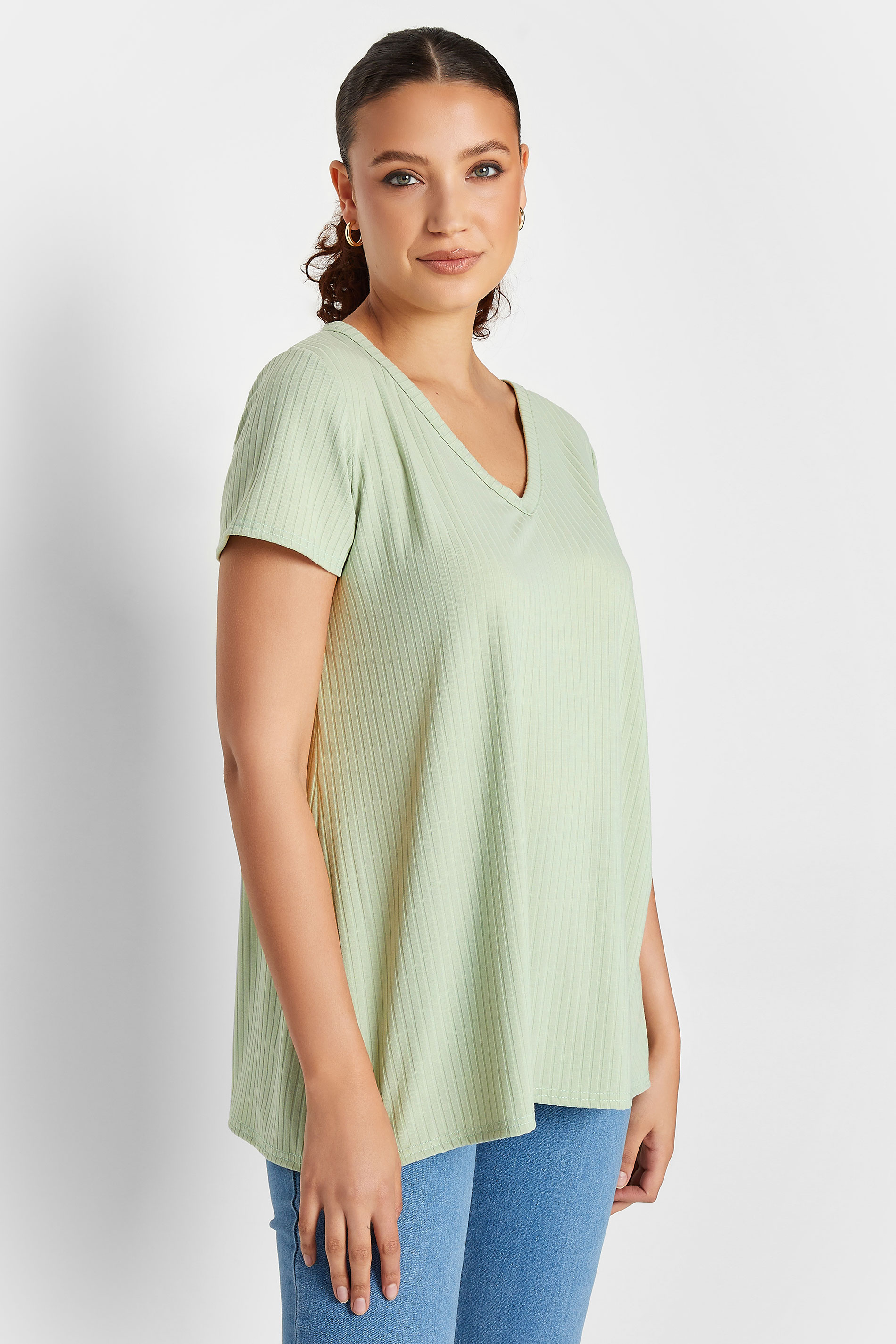 LTS Tall Women's Sage Green Ribbed V-Neck Swing Top | Long Tall Sally  1