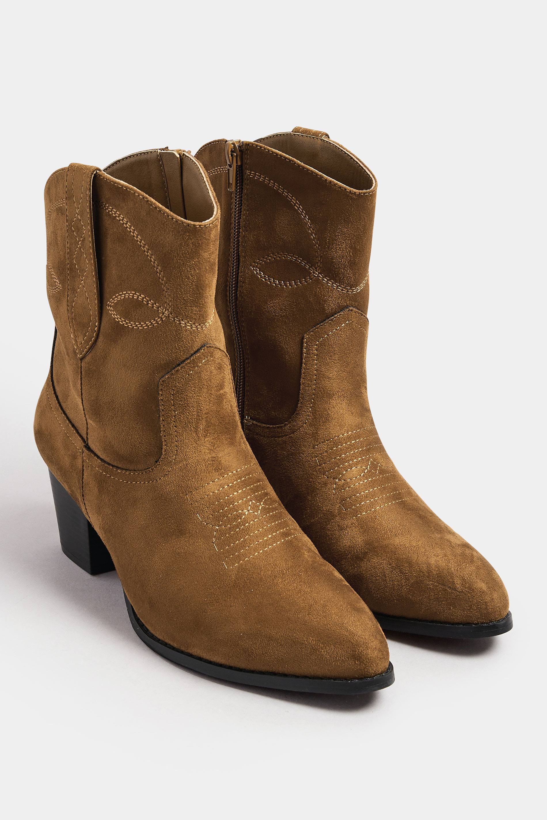 Brown Faux Suede Contrast Stitch Western Heel Ankle Boots In Extra Wide EEE Fit | Yours Clothing 3
