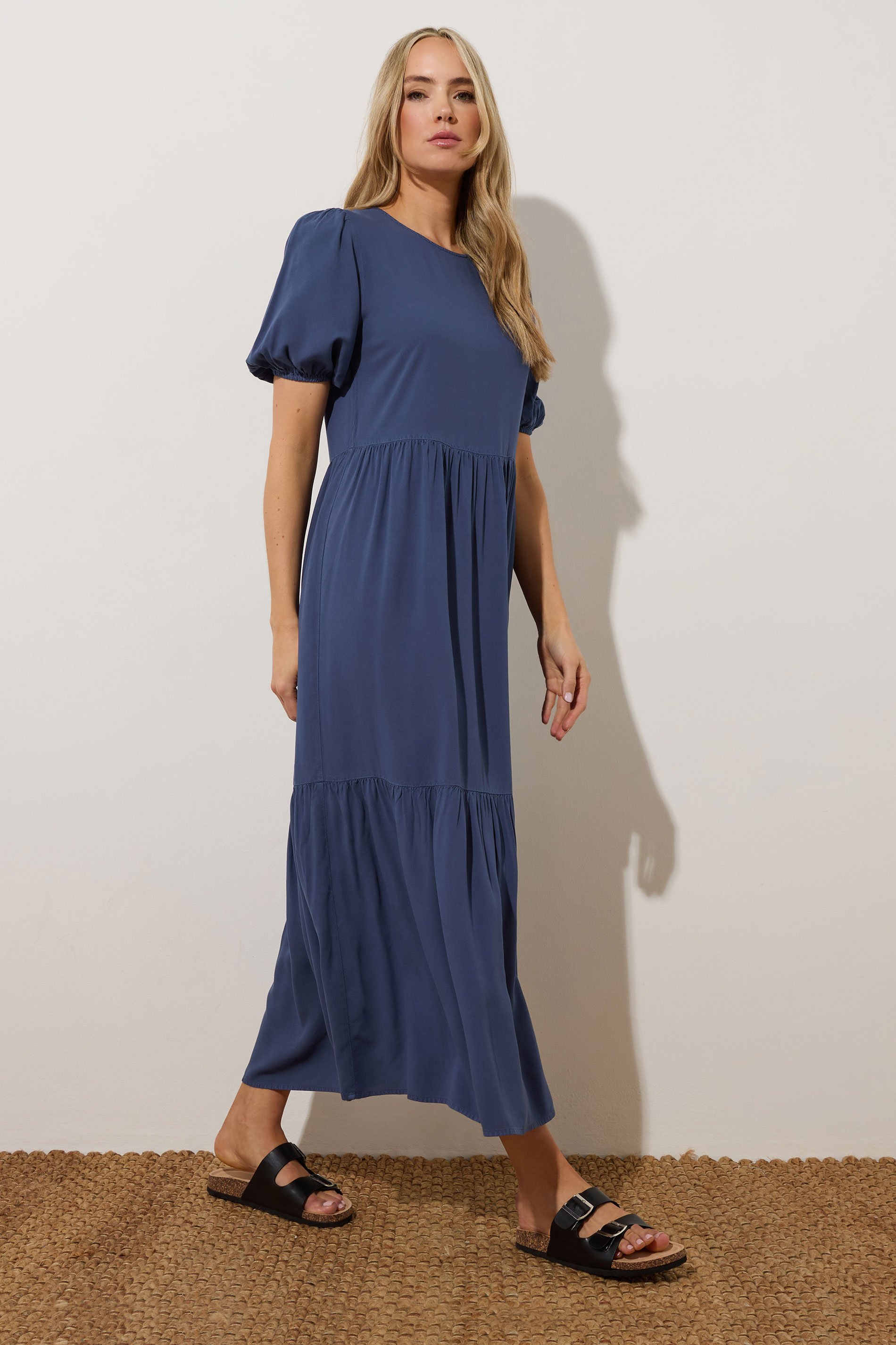 LTS Tall Denim Blue Puff Sleeve Tiered Midaxi Dress | Long Tall Sally 1