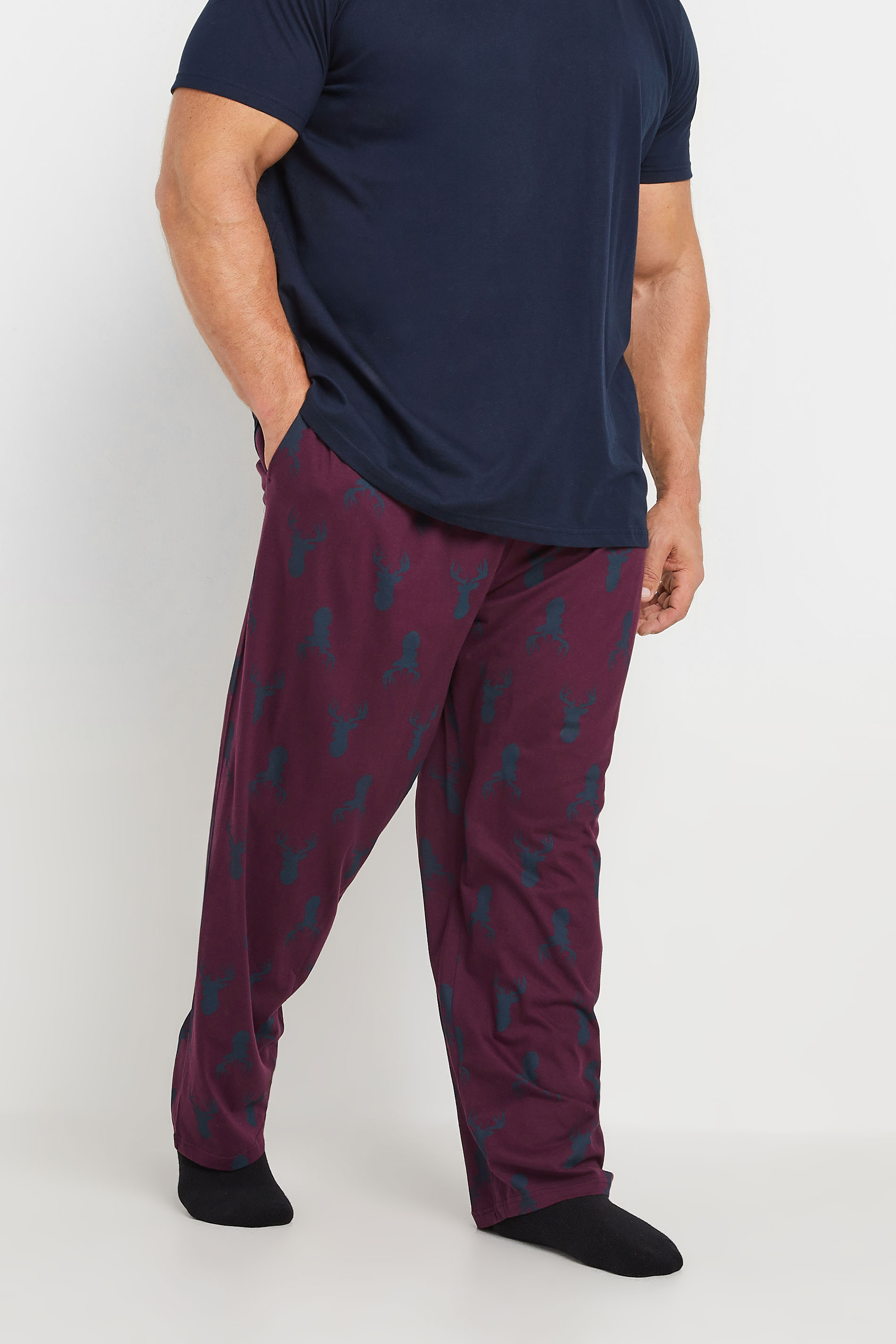 BadRhino Big & Tall Blue & Burgundy Stag Jersey Pyjama Set | BadRhino 4