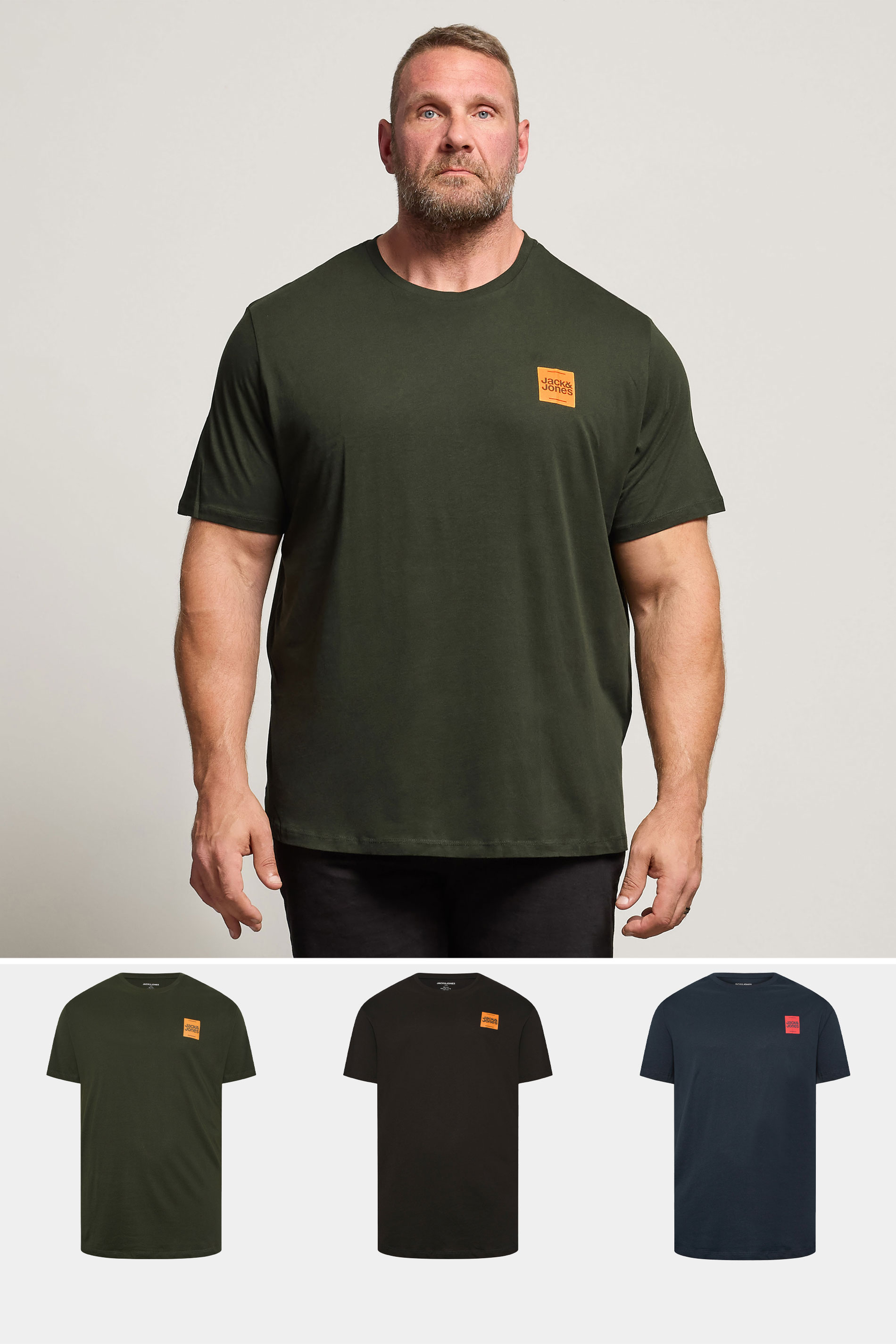 JACK & JONES Big & Tall 3 Pack Green, Navy Blue & Black Logo T-Shirts | BadRhino 1
