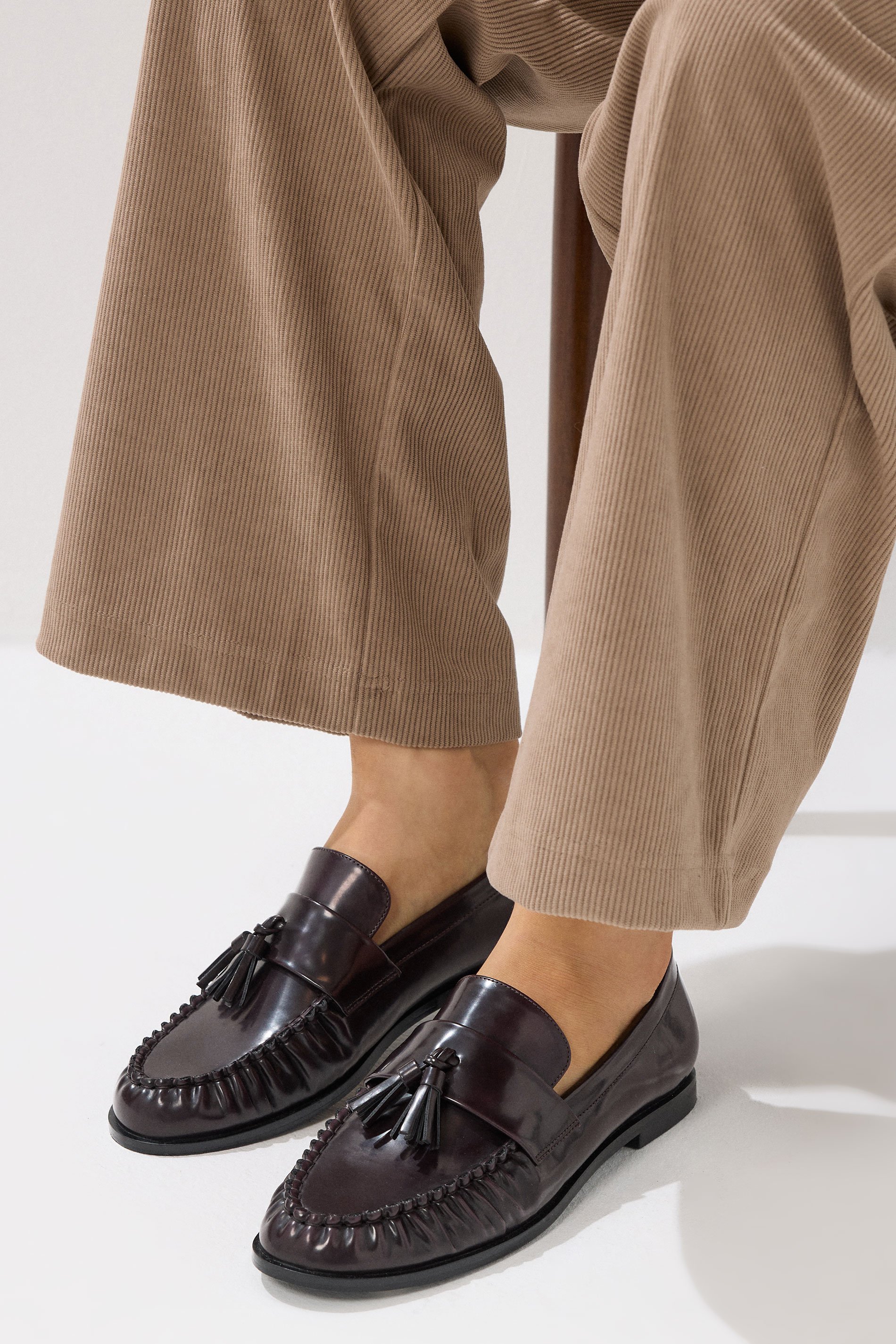 LTS Dark Red Patent Tassel Flat Loafers | Long Tall Sally 1