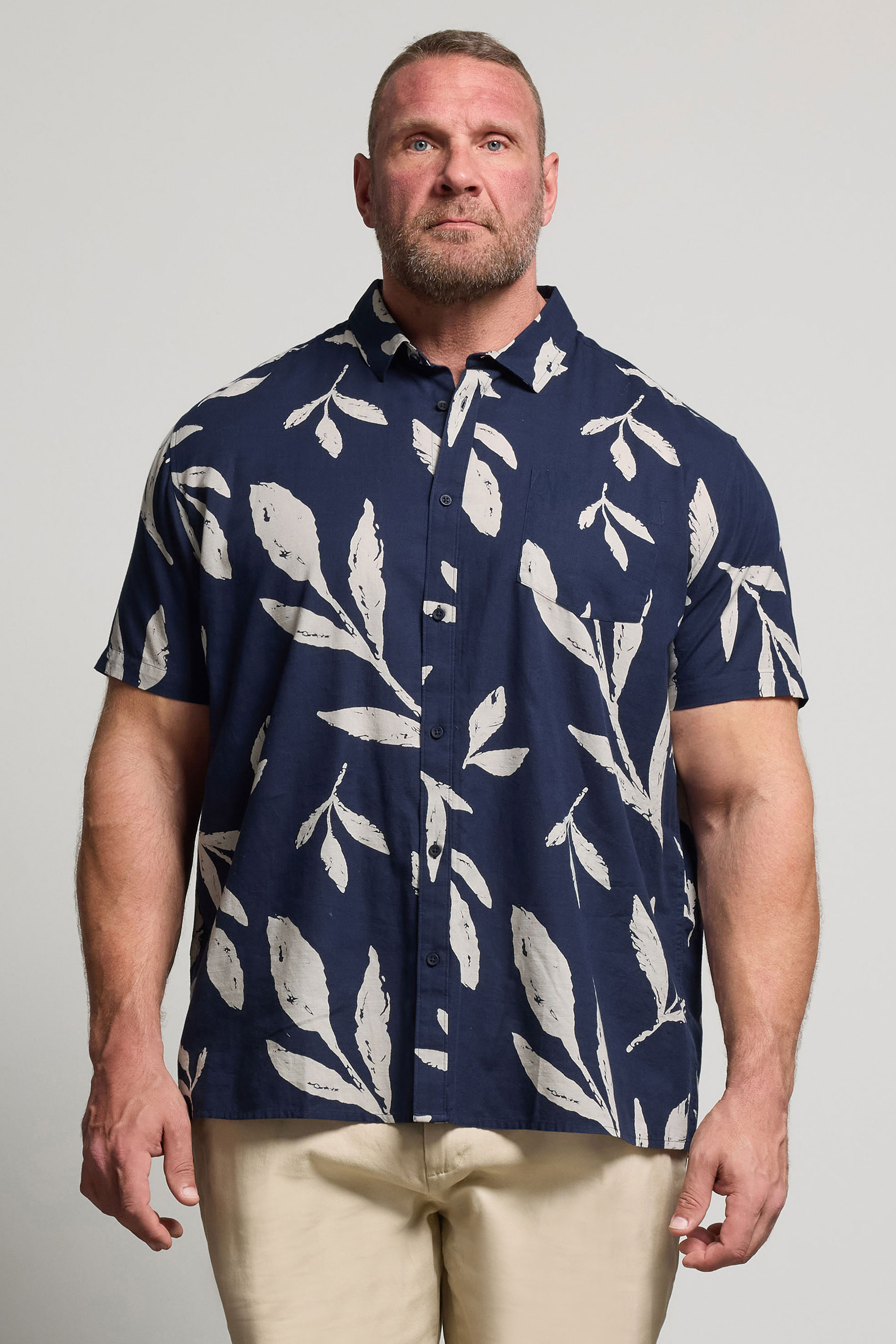 BadRhino Big & Tall Navy Blue Palm Leaf Linen Shirt | BadRhino 2