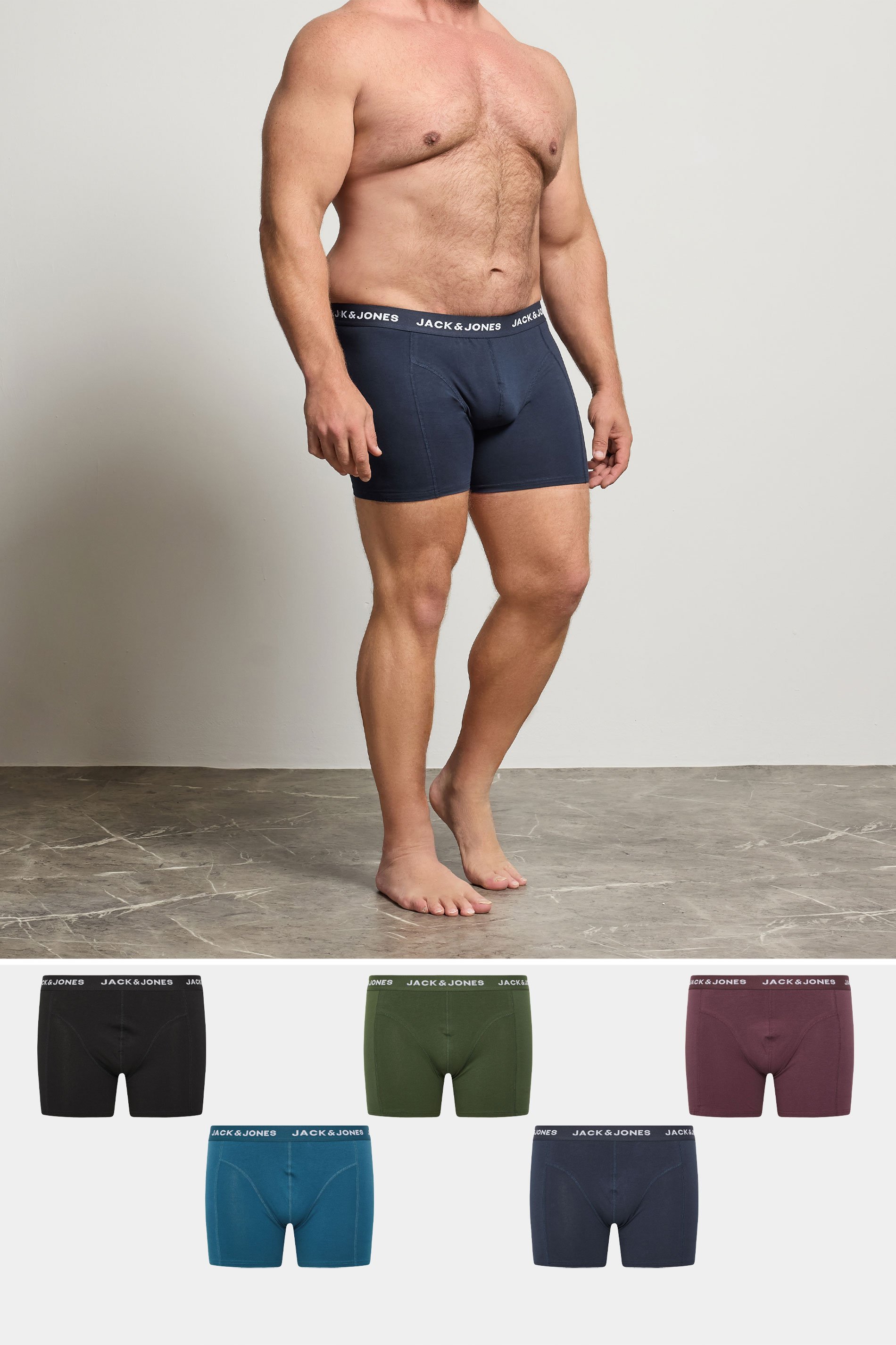 JACK & JONES Big & Tall 5 PACK Green/Blue/Black/Navy/Purple Boxers | BadRhino 1