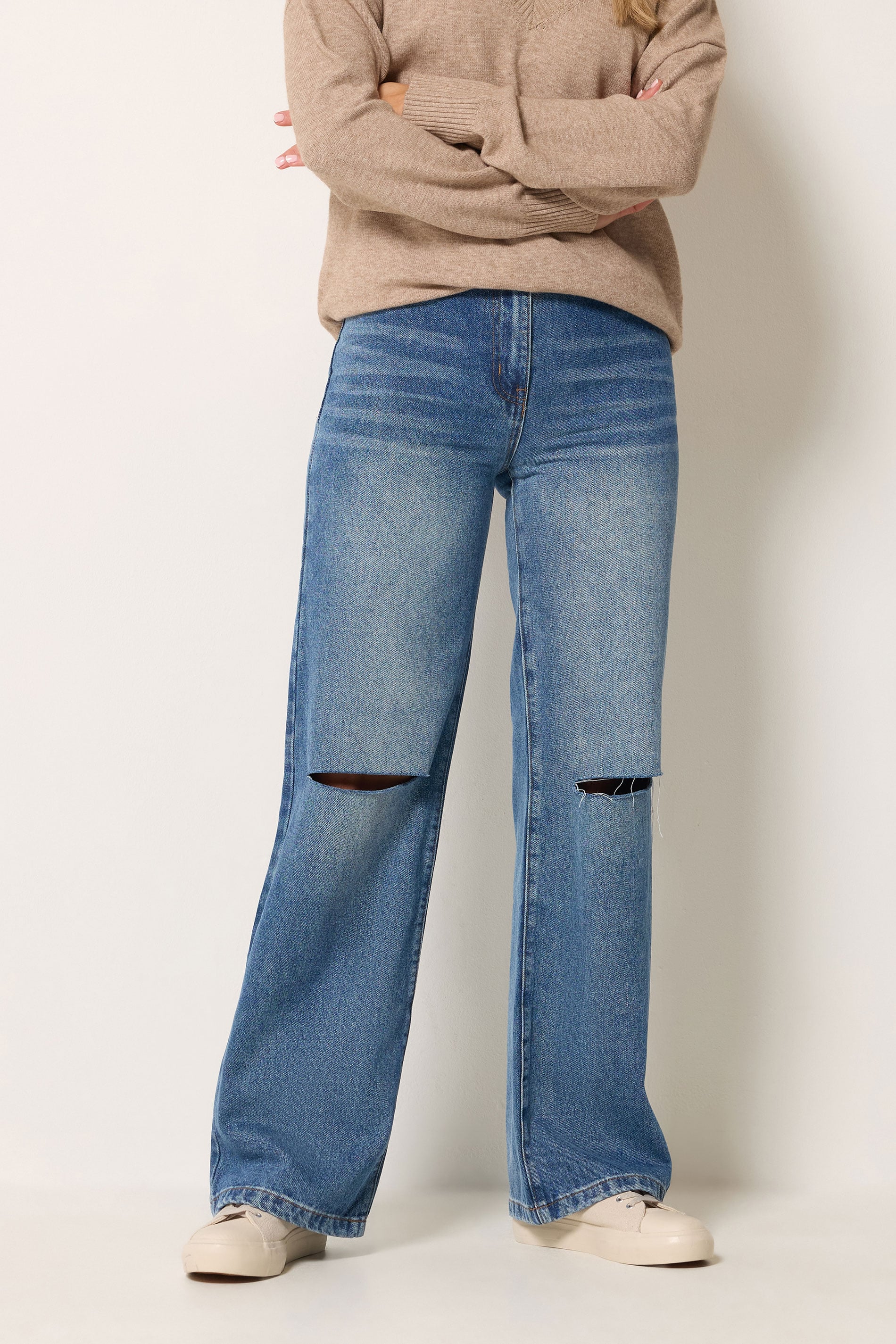 LTS Tall Women's Denim Blue Rip Knee Wide Leg Jeans | Long Tall Sally 2
