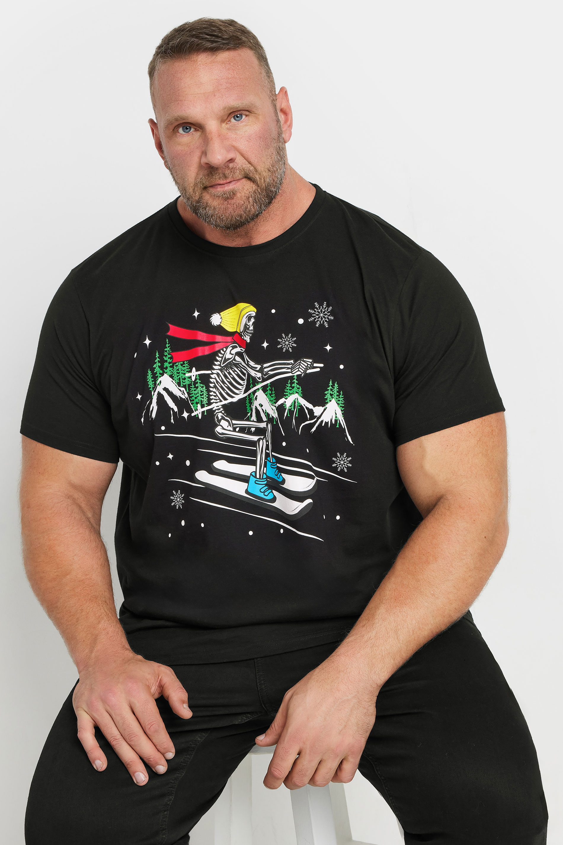 BadRhino Big & Tall Black Skiing Skeleton Graphic Christmas T-Shirt | BadRhino 2