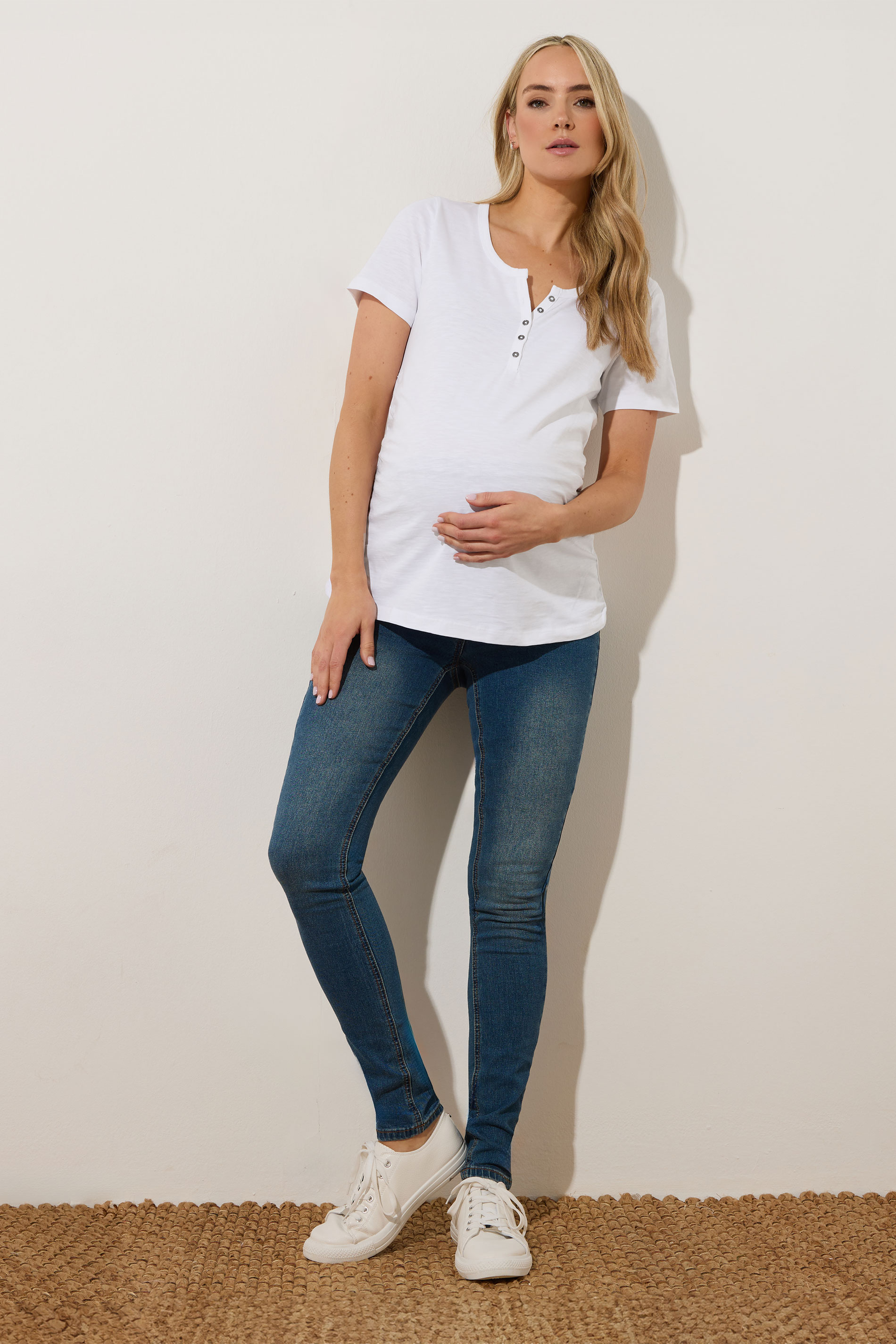 LTS Tall Premium Maternity White Cotton Placket Button T-Shirt | Long Tall Sally 2