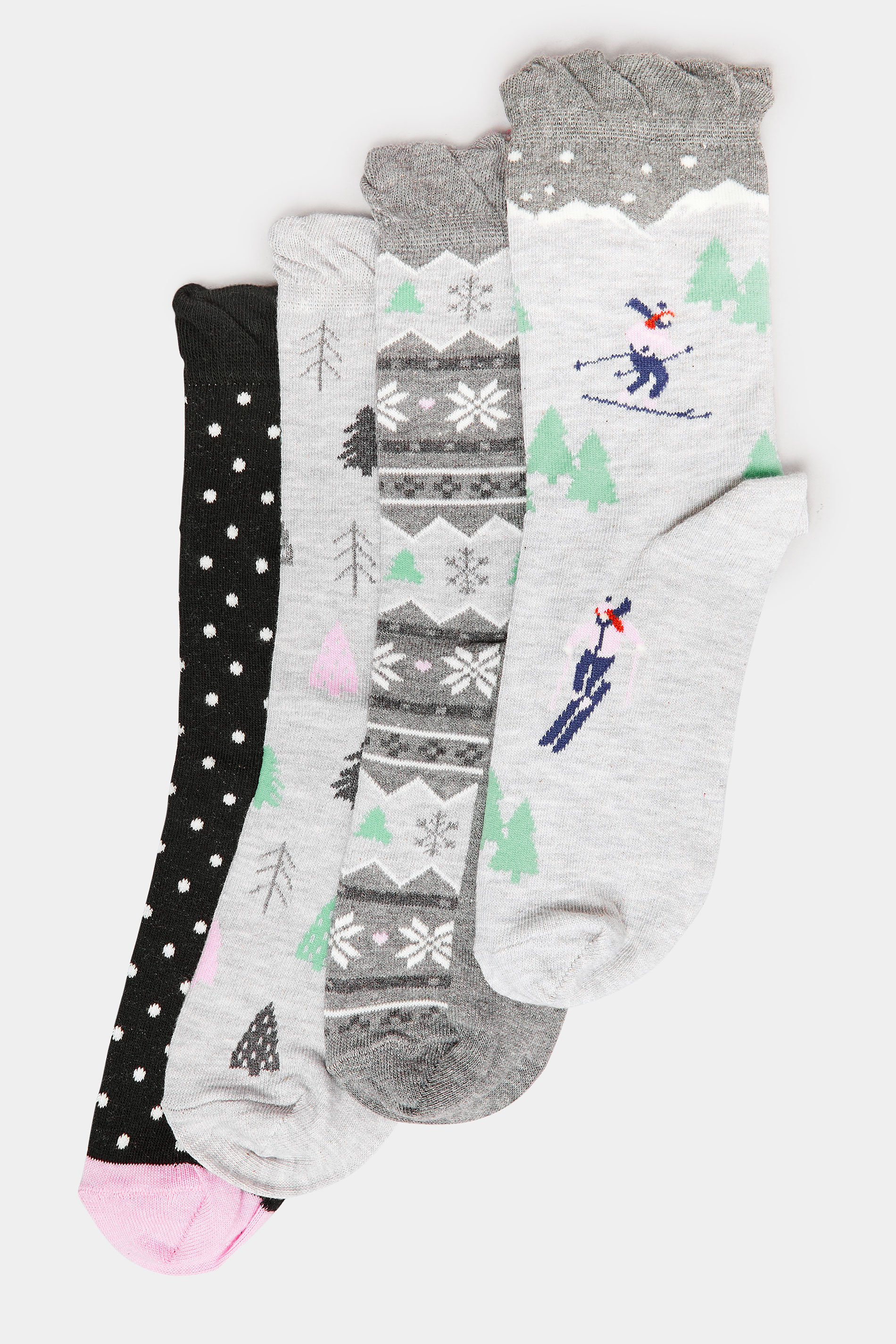 YOURS 4 PACK Plus Size Grey & Black Skier Print Ankle Socks | Yours Clothing  4