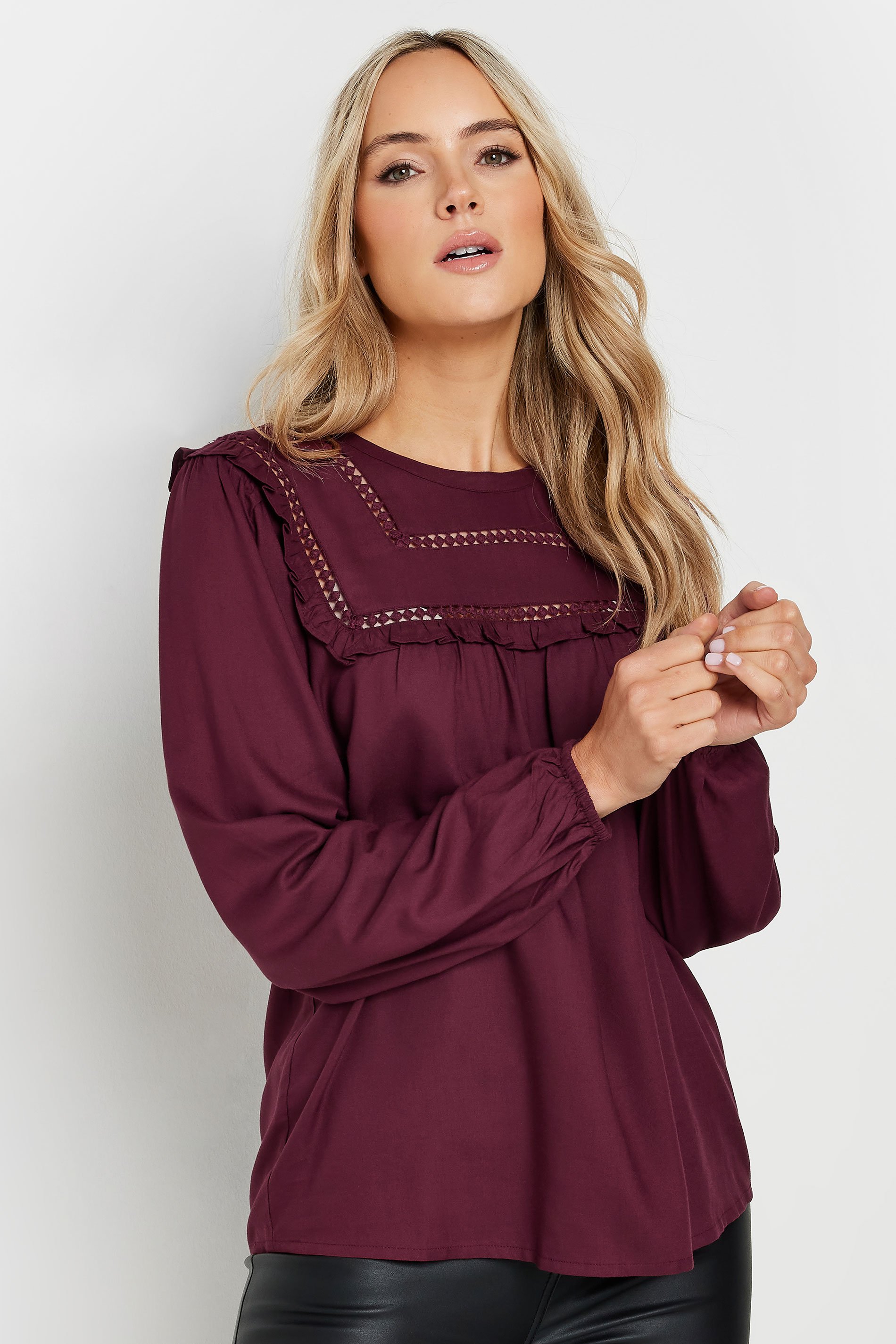 【新品未使用】piping bulky frill blouse LTS Tall Burgundy Red Woven Frill Blouse | Long Tall Sally