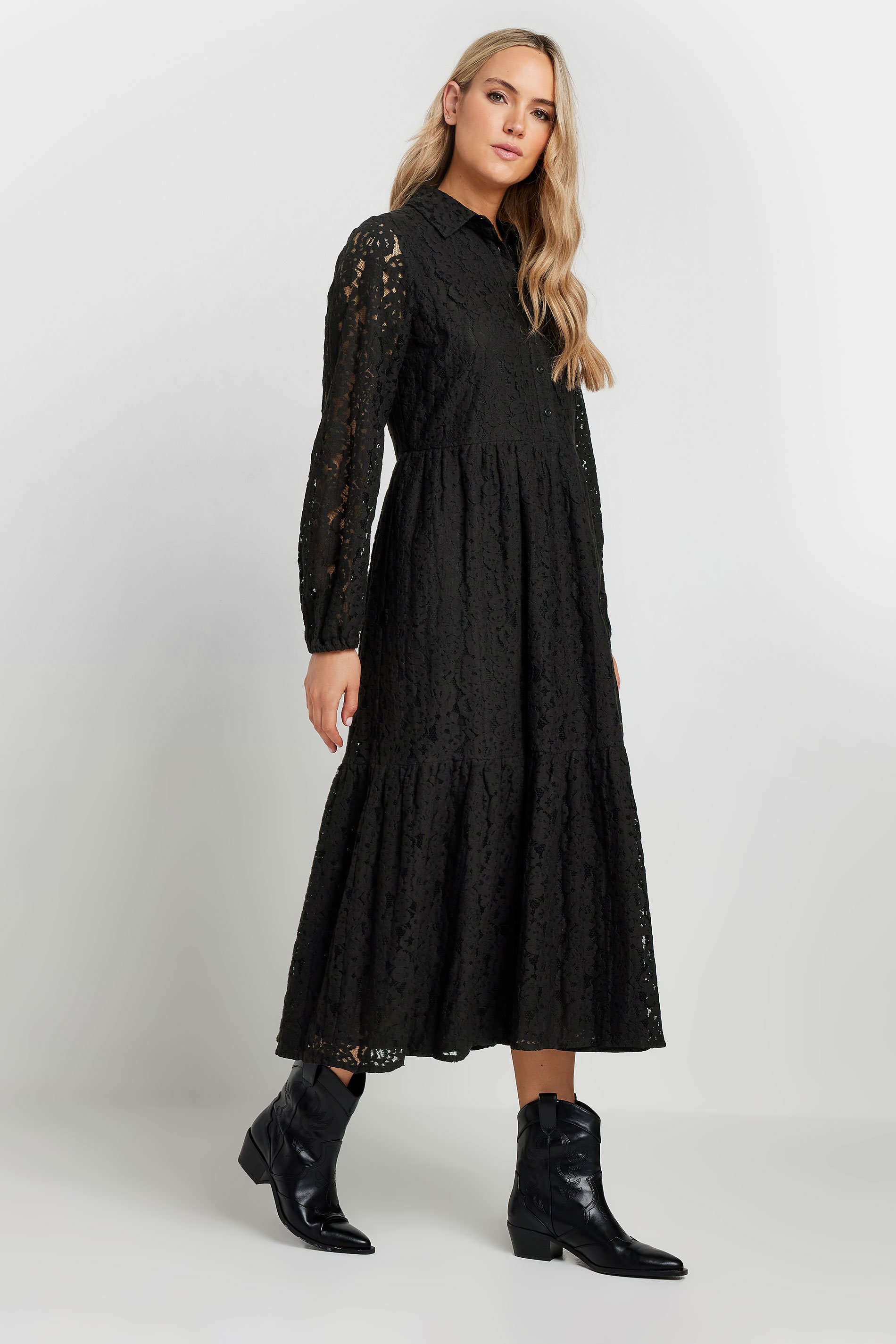 LTS Tall Black Lace Tiered Midi Dress | Long Tall Sally 1