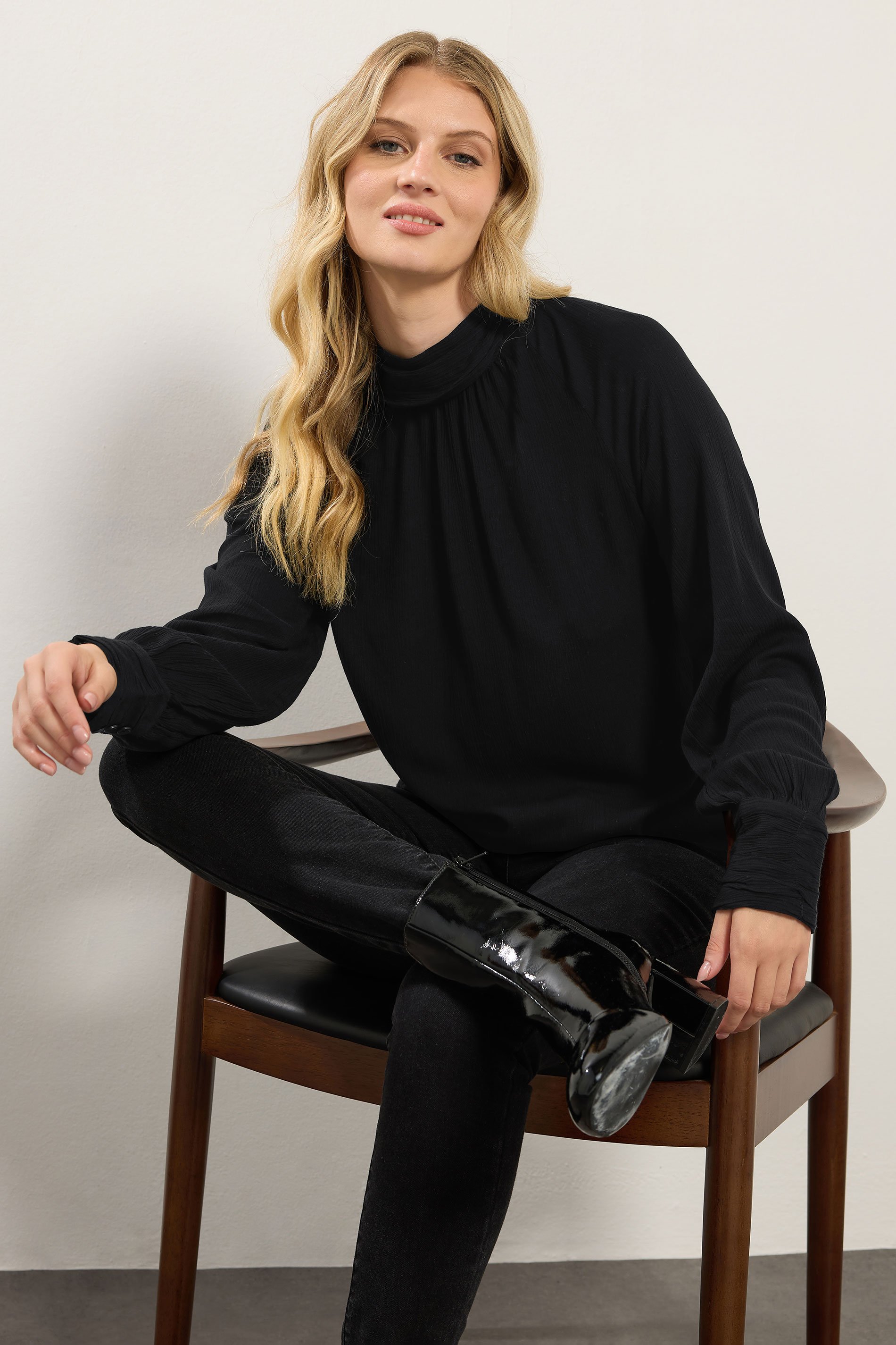 LTS Tall Black High Neck Crinkle Top | Long Tall Sally 2