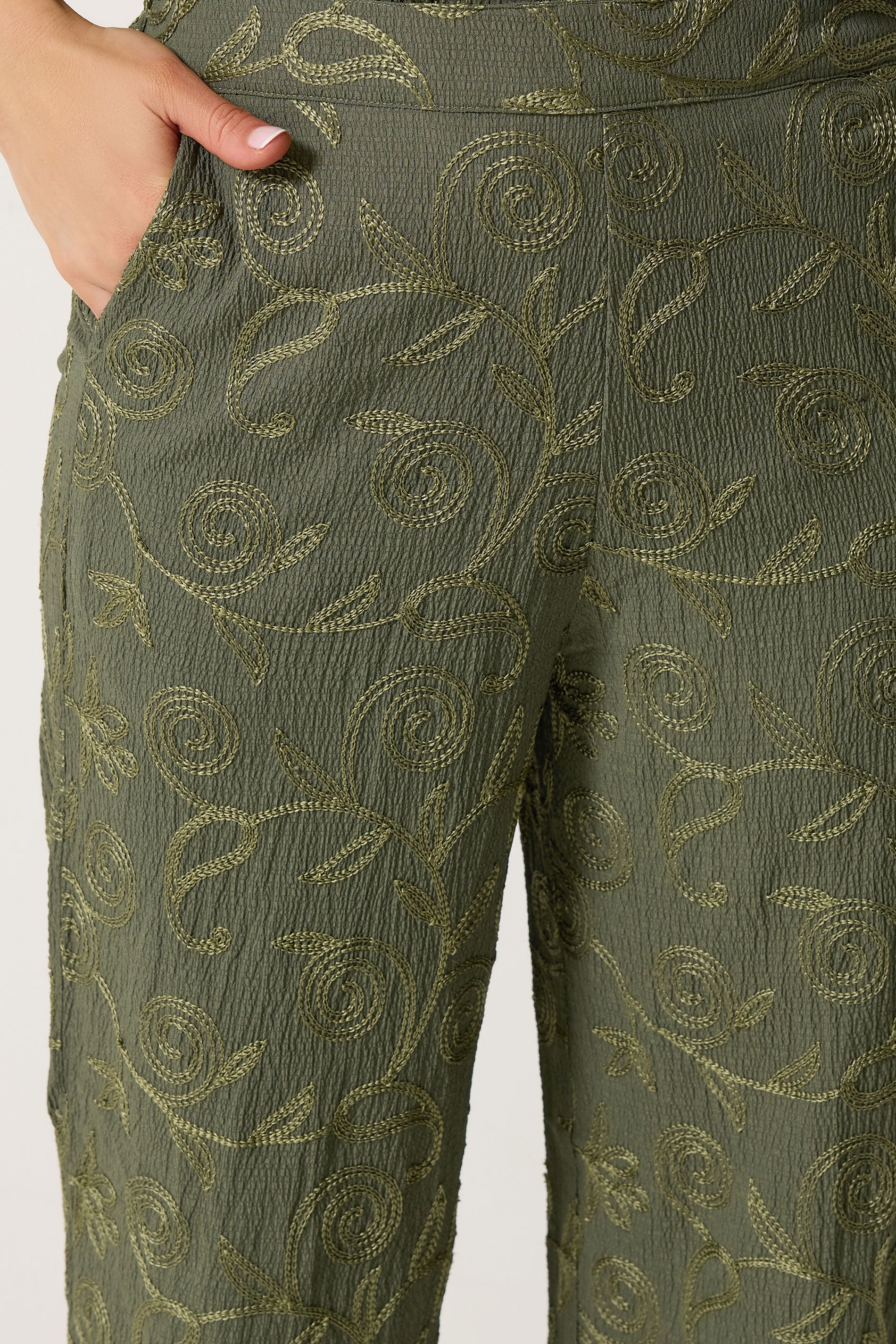 LTS Tall Women's Set Olive Green Floral Embroidered Shirt & Trousers | Long Tall Sally  5