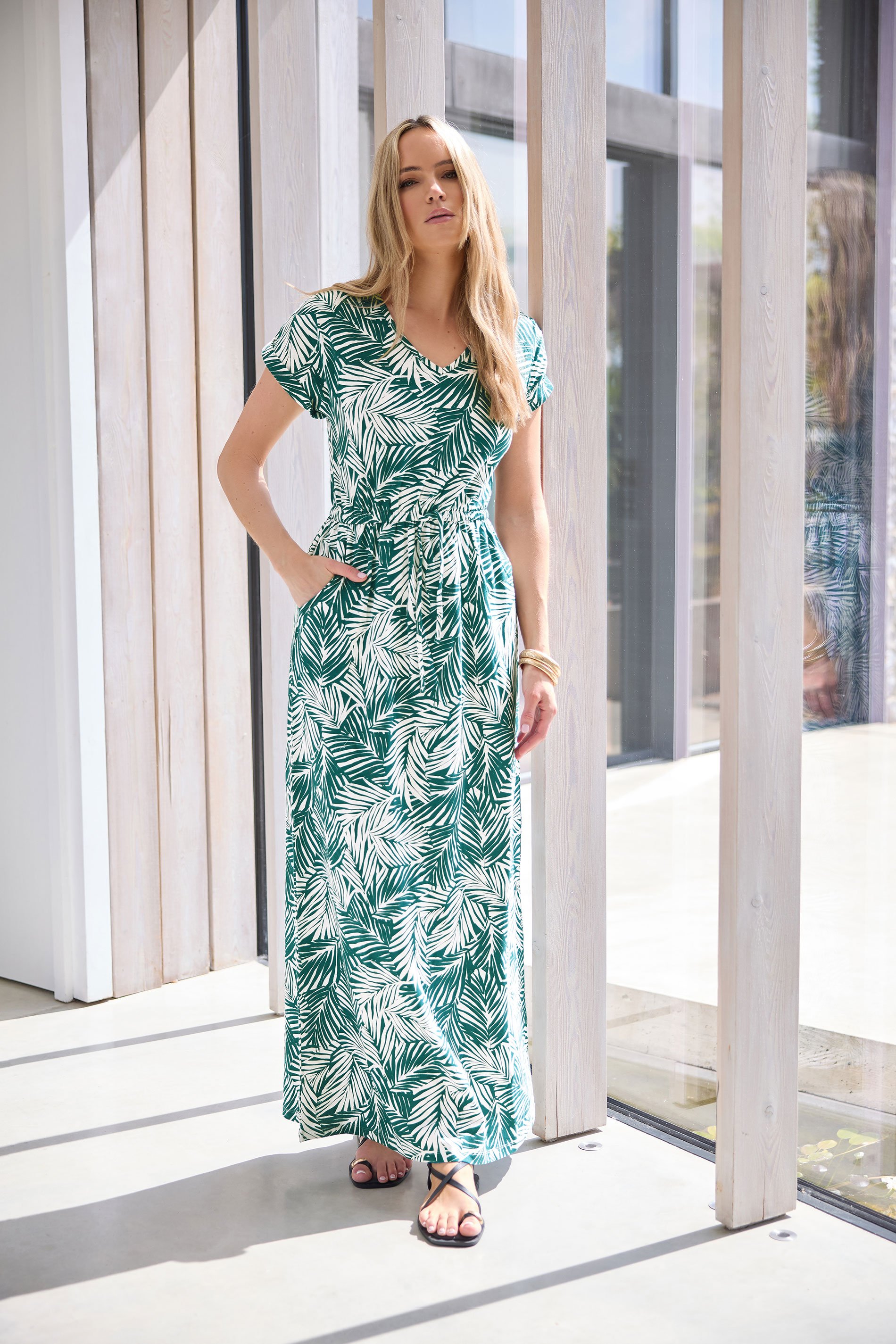 LTS Tall Green Cotton Tropical Palm Print Drawstring Maxi Dress | Long Tall Sally 1