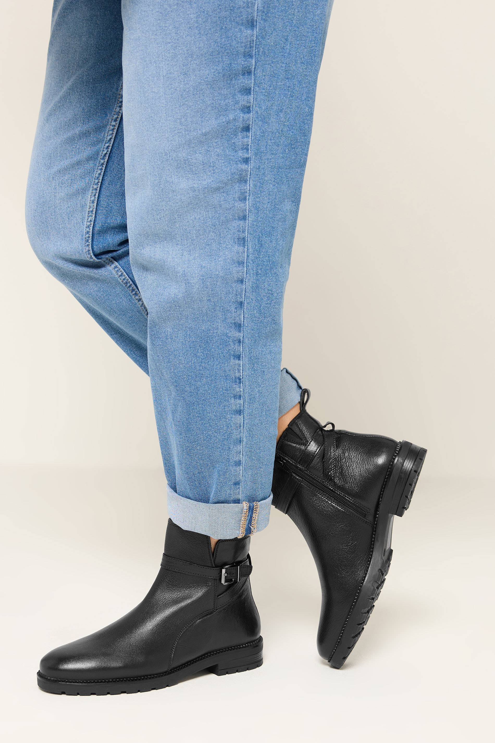 Black Leather Buckle Detail Ankle Boots In Wide E Fit  | YOURS Clothing 1