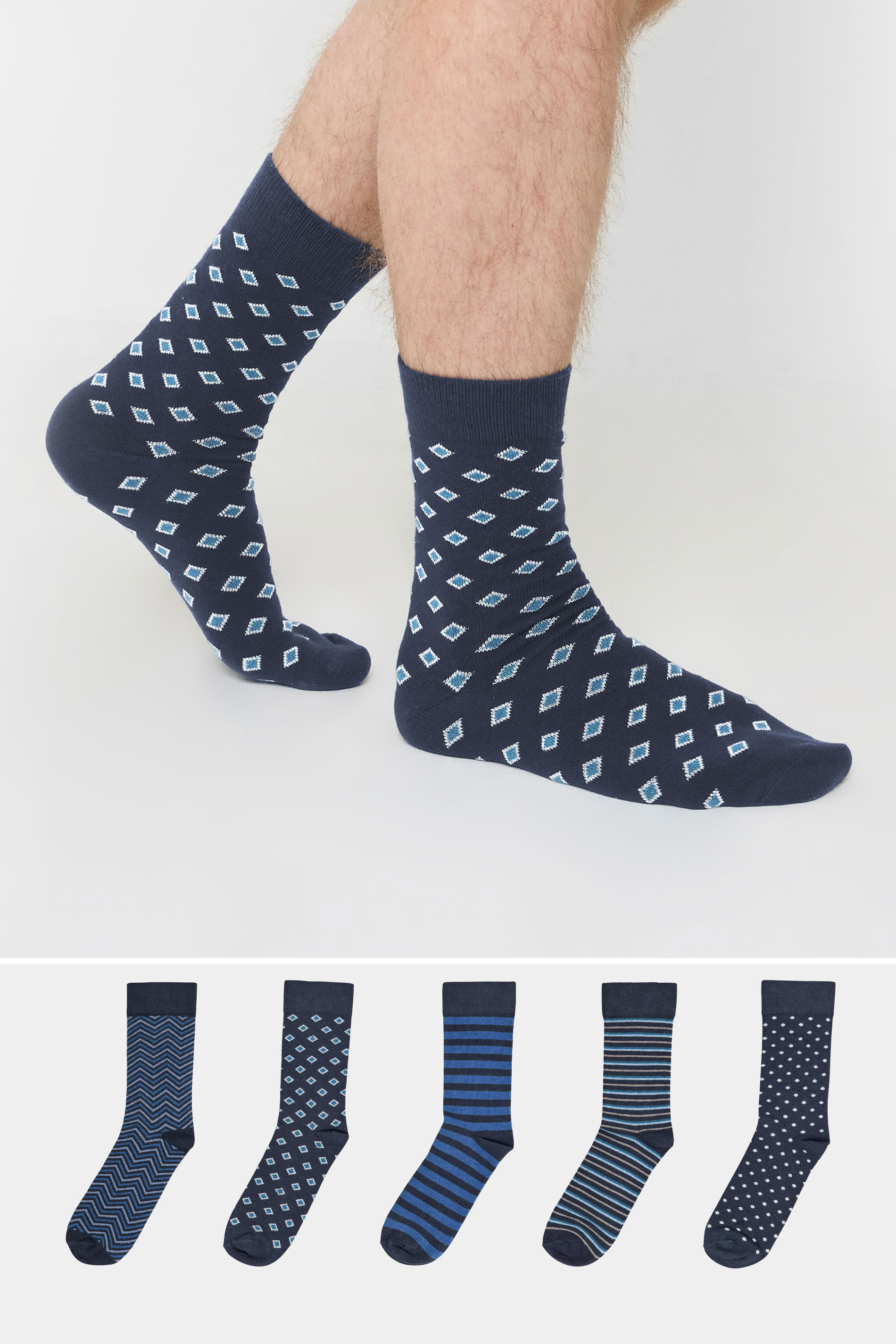 BadRhino 5 PACK Navy Blue Stripe & Spot Print Ankle Socks | BadRhino 1