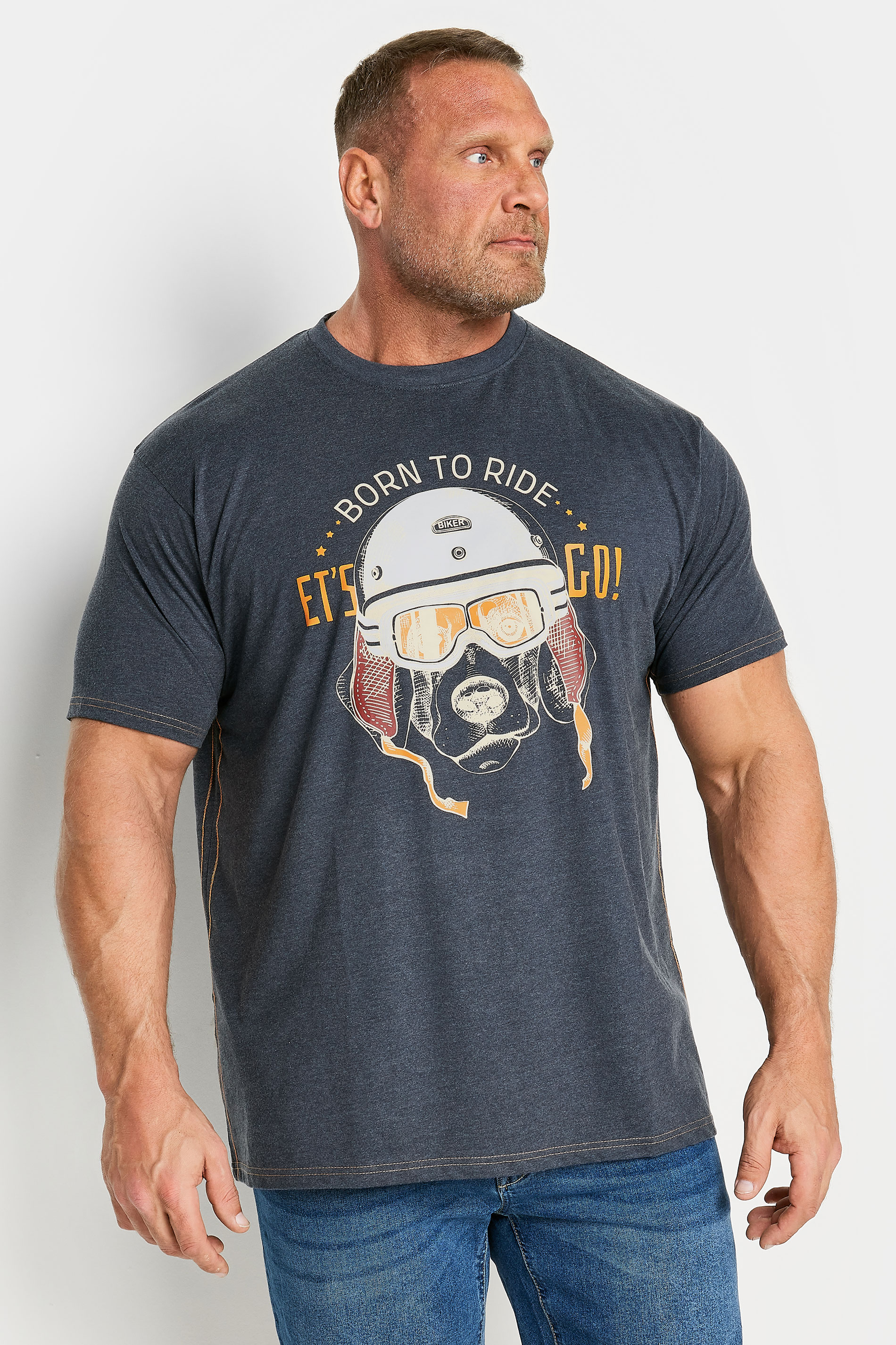 KAM Big & Tall Indigo Blue Marl 'Born to Ride' Print T-Shirt | BadRhino 1