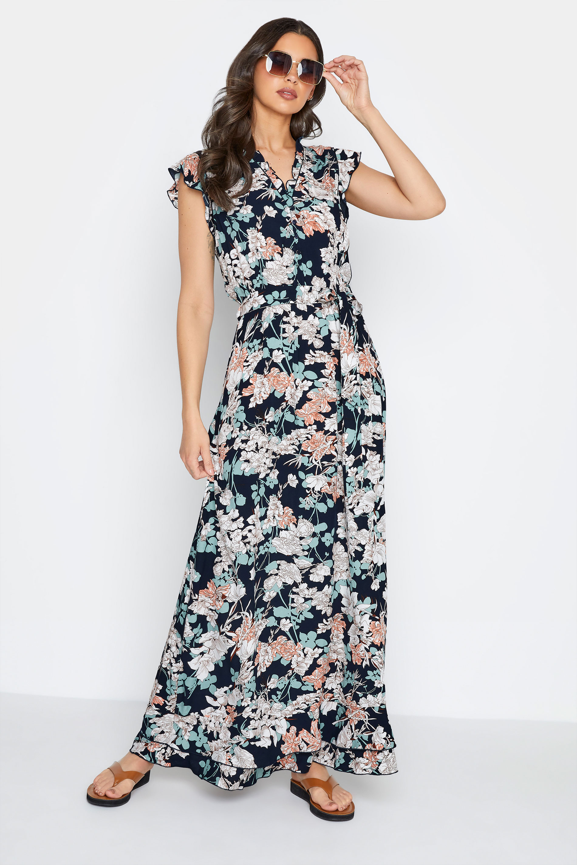 LTS Tall Women's Navy Blue Floral Frill Maxi Dress | Long Tall Sally 2