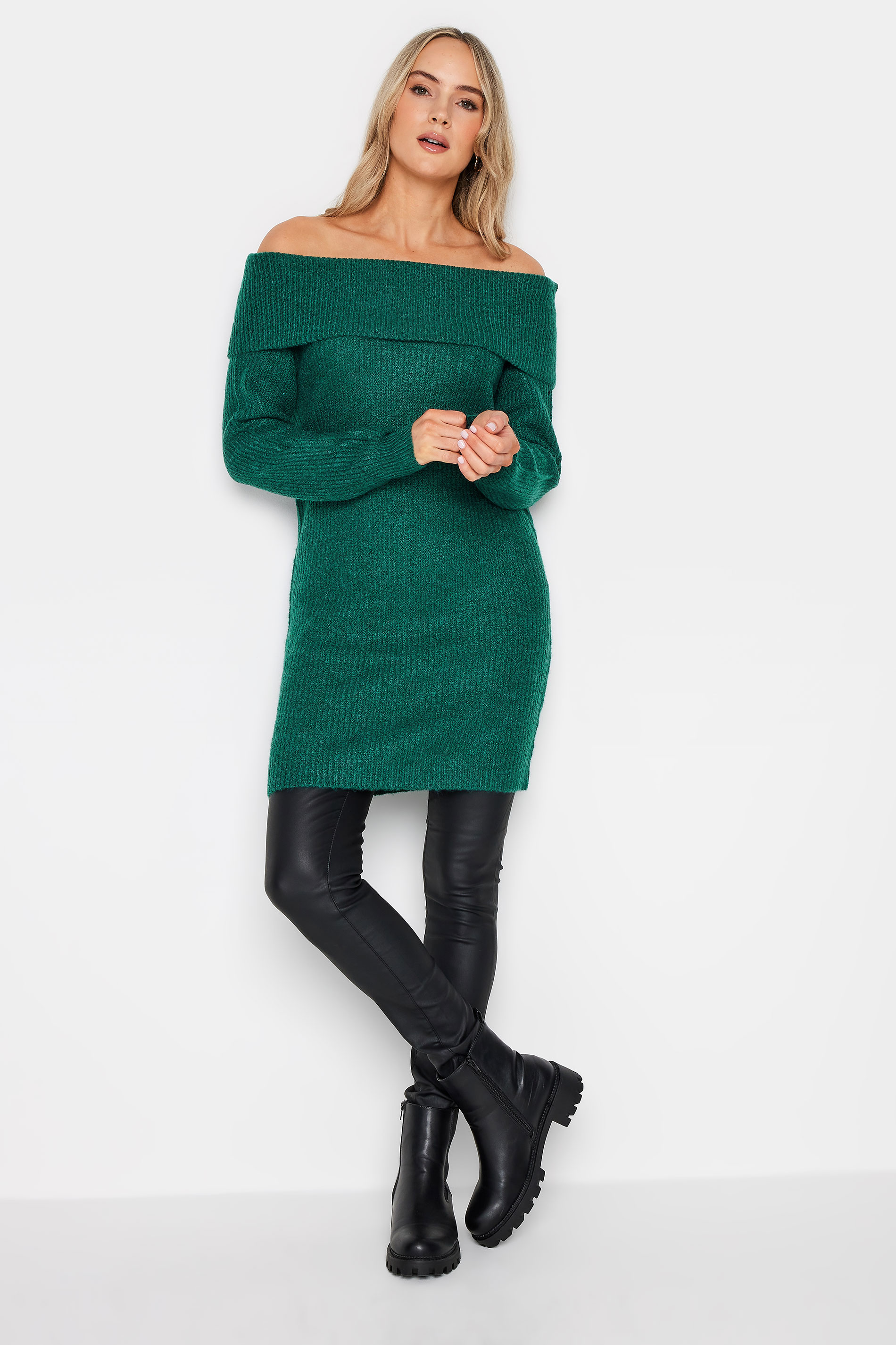 LTS Tall Dark Green Bardot Tunic Jumper Dress | Long Tall Sally 1