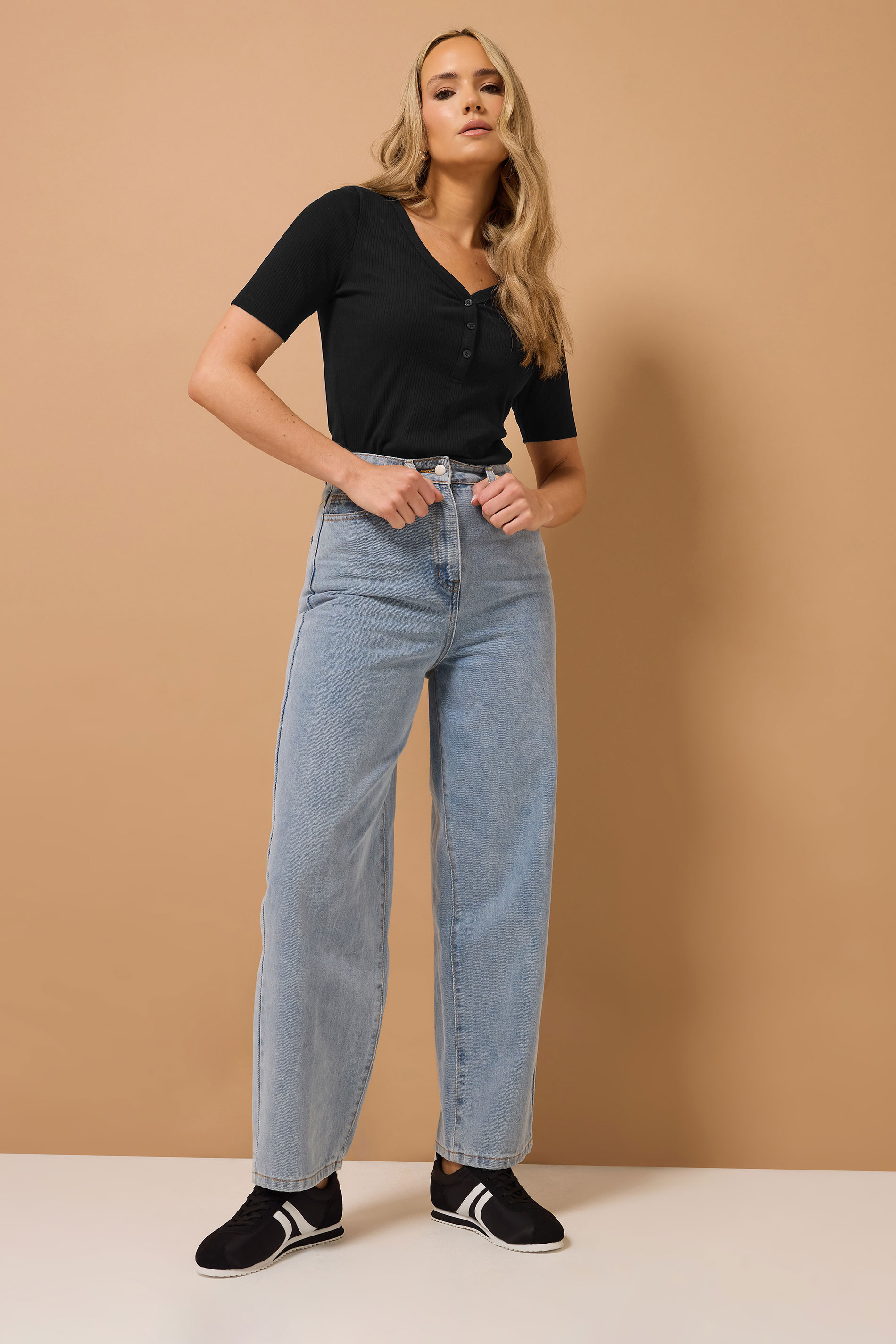 LTS Tall Black Ribbed Short Sleeve Henley Top | Long Tall Sally 3