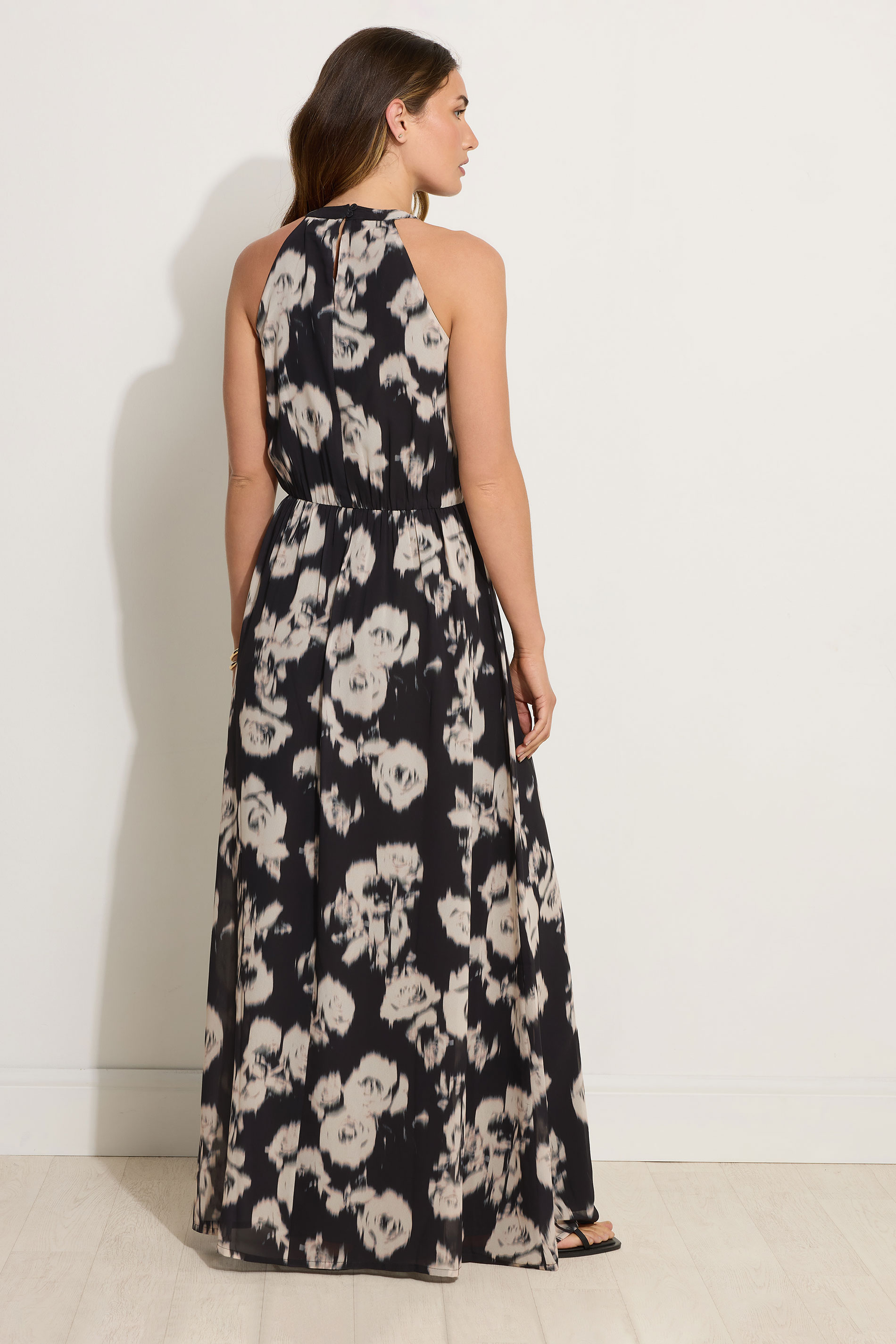 LTS Tall Black Chiffon Blurred Floral Halter Neck Dress | Long Tall Sally 3