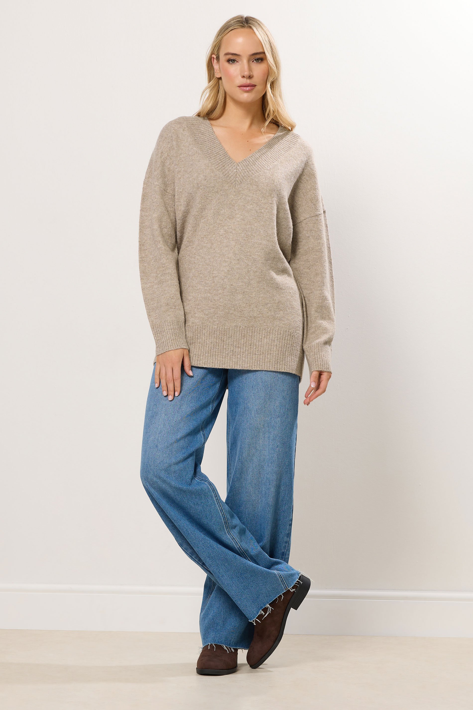 LTS Tall Natural Brown V-Neck Jumper | Long Tall Sally 2