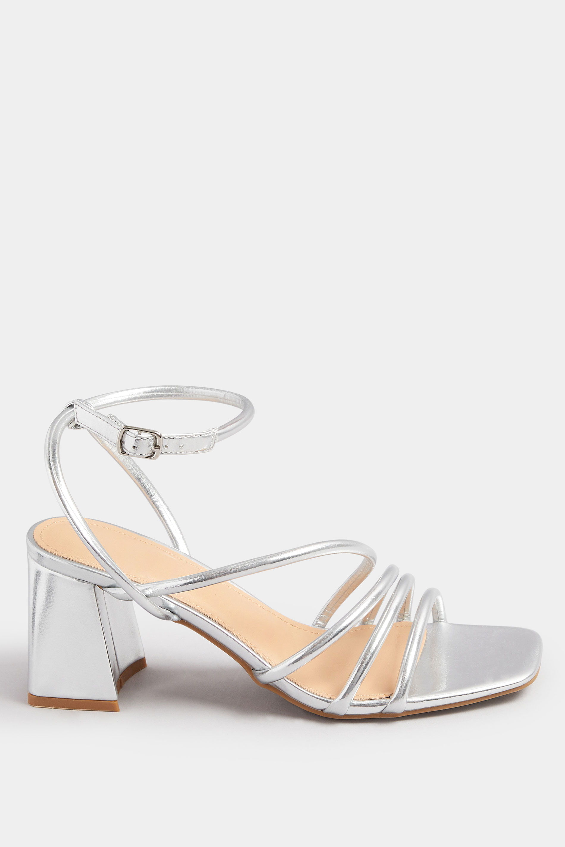 Silver Aysmmetric Strappy Block Heels In Standard Fit | Yours Clothing 3