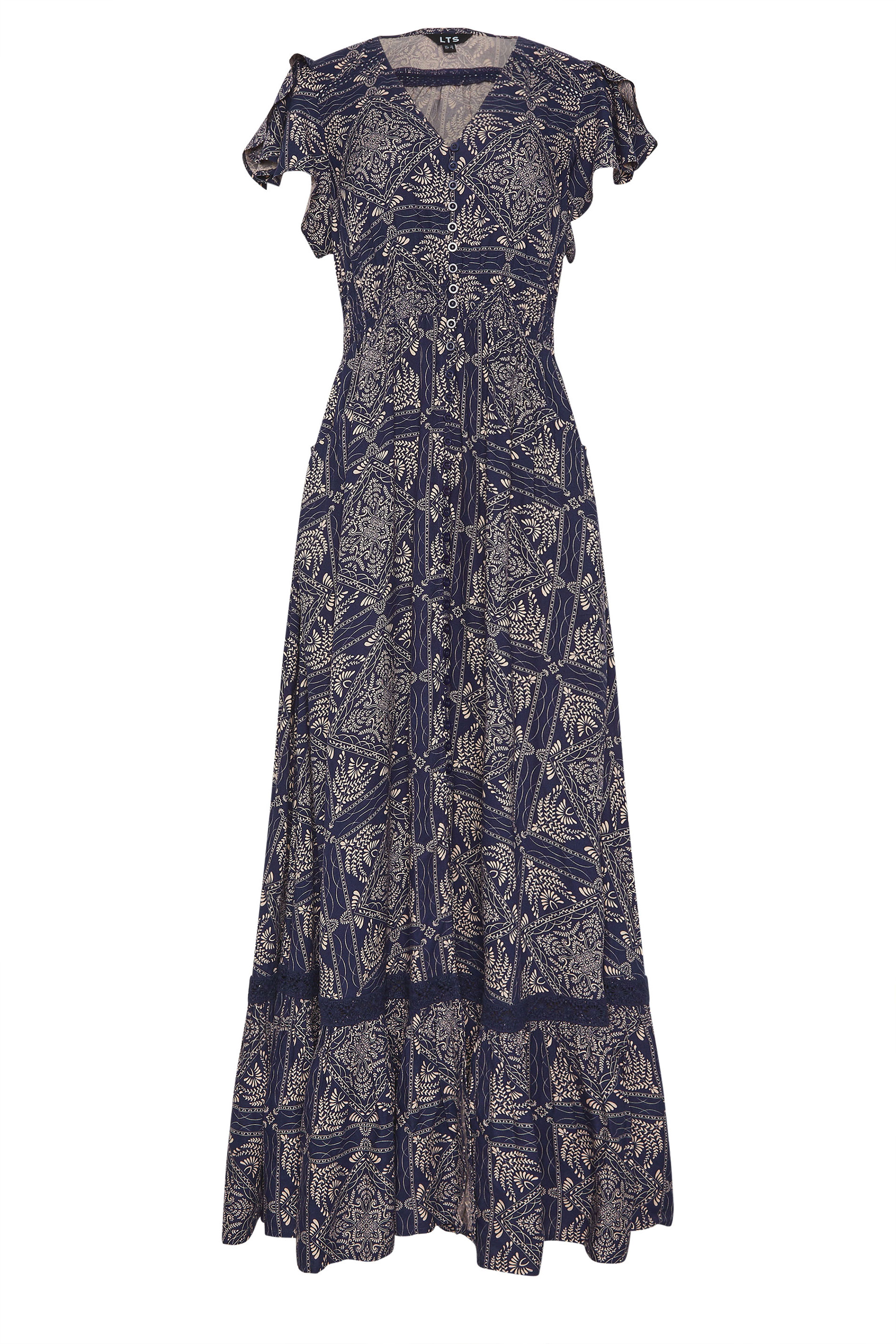LTS Tall Navy Blue Tile Print Button Lace Insert Maxi Dress | Long Tall Sally 5
