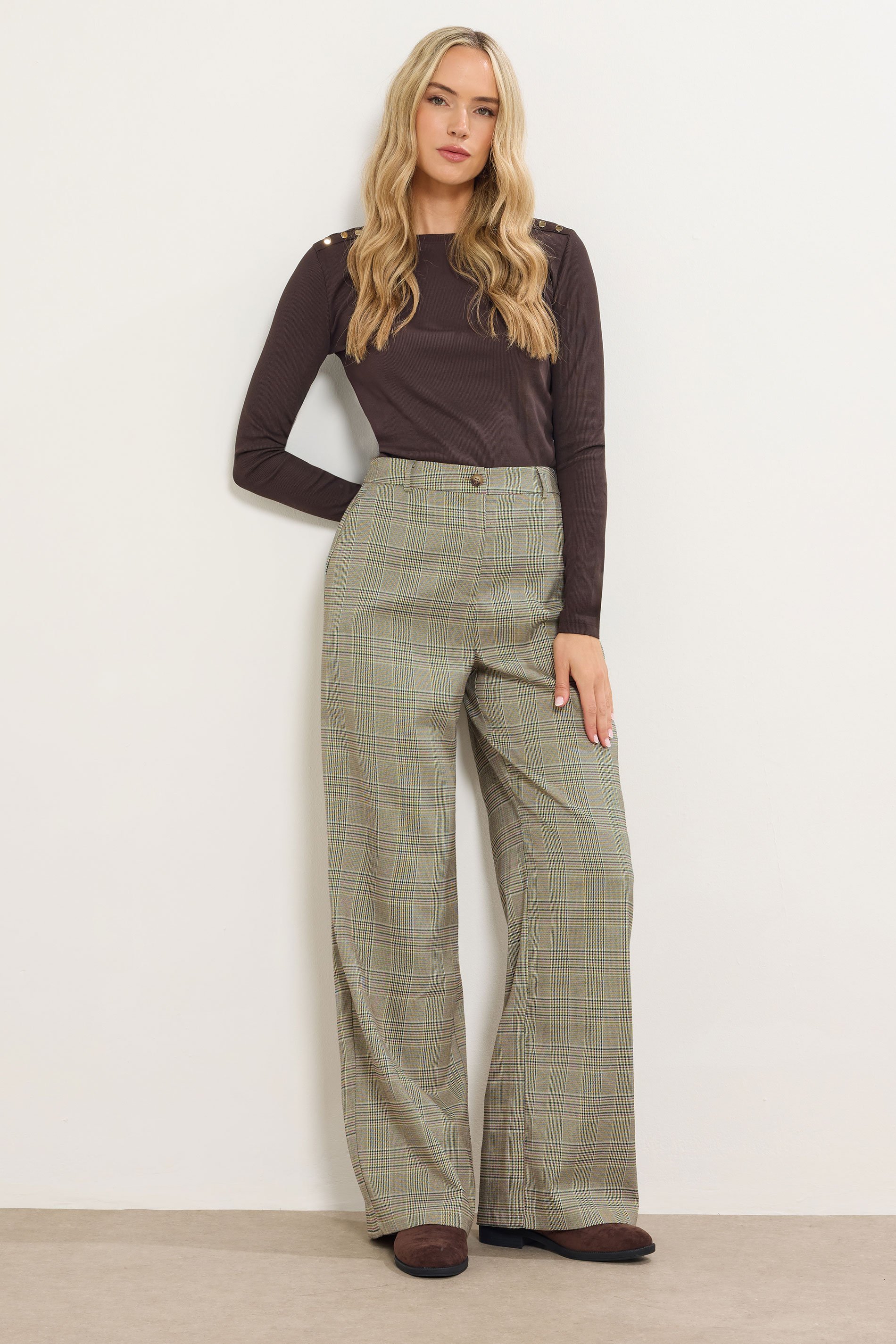 LTS Tall Beige Brown Check Wide Leg Trousers | Long Tall Sally 2