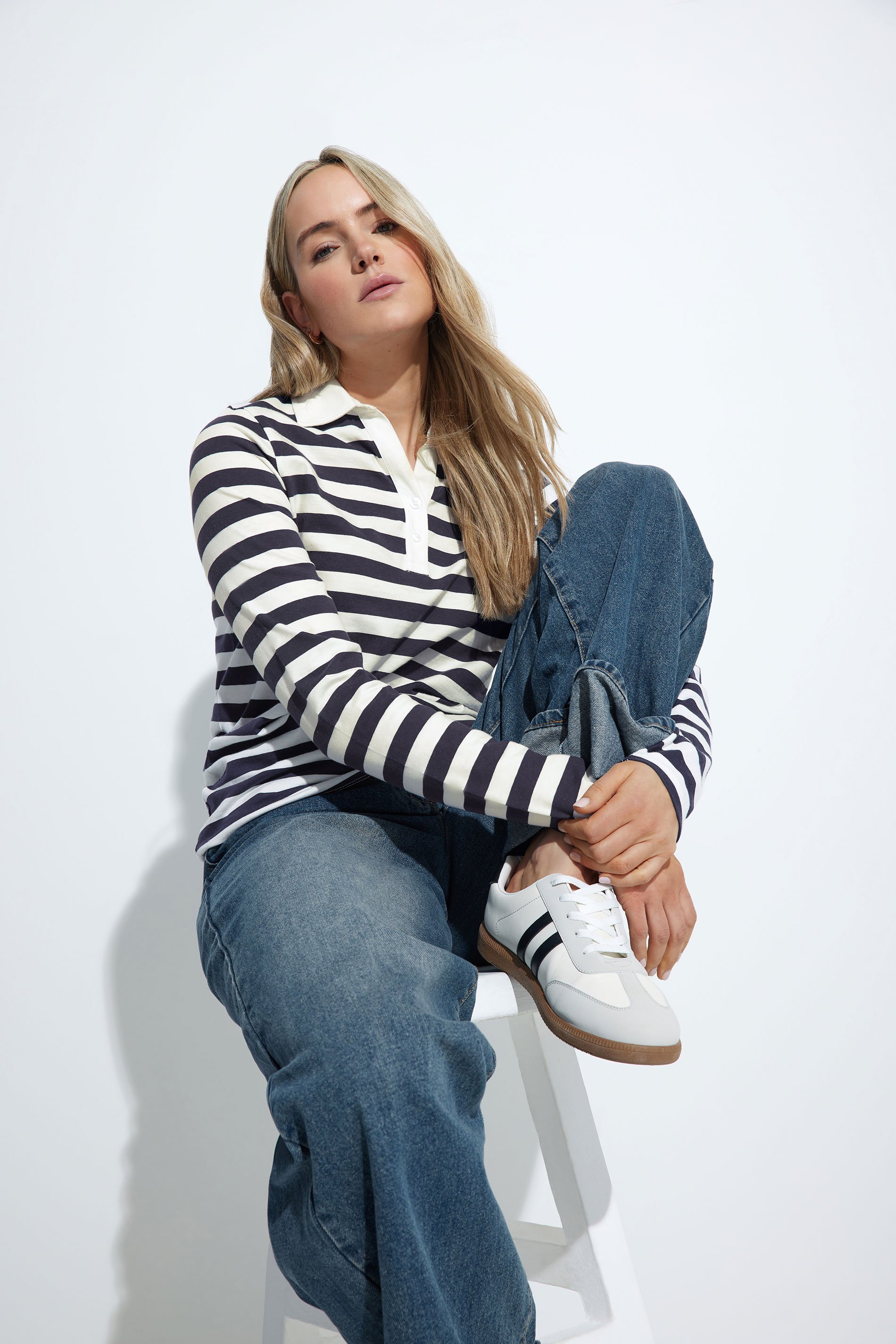 LTS Tall Navy Blue Stripe Placket Polo Top | Long Tall Sally 1