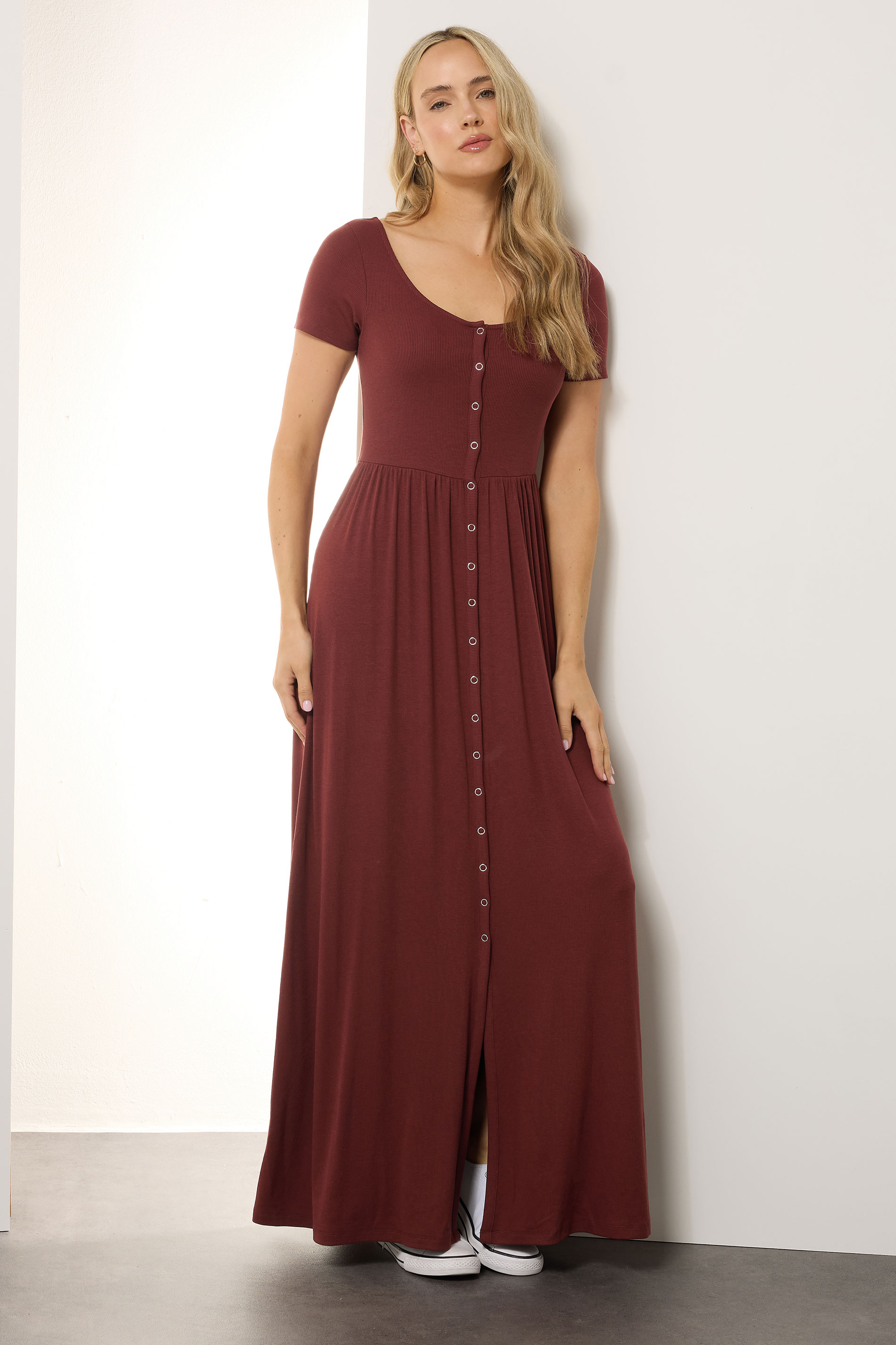 LTS Tall Maternity Rust Brown Ribbed Button Maxi Dress | Long Tall Sally 3