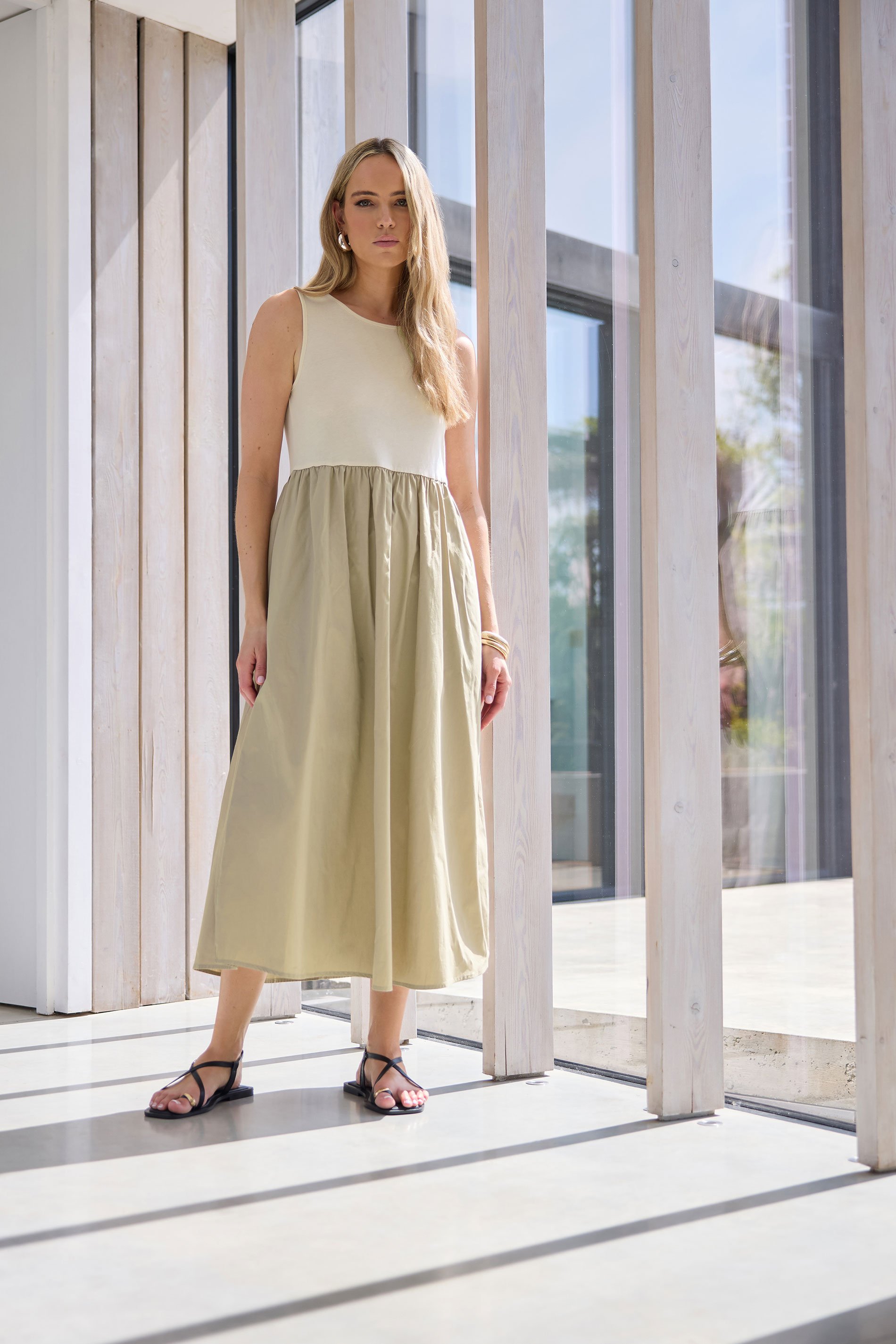 LTS Tall Beige Brown Jersey & Woven Mix Fabric Midi Dress | Long Tall Sally 1