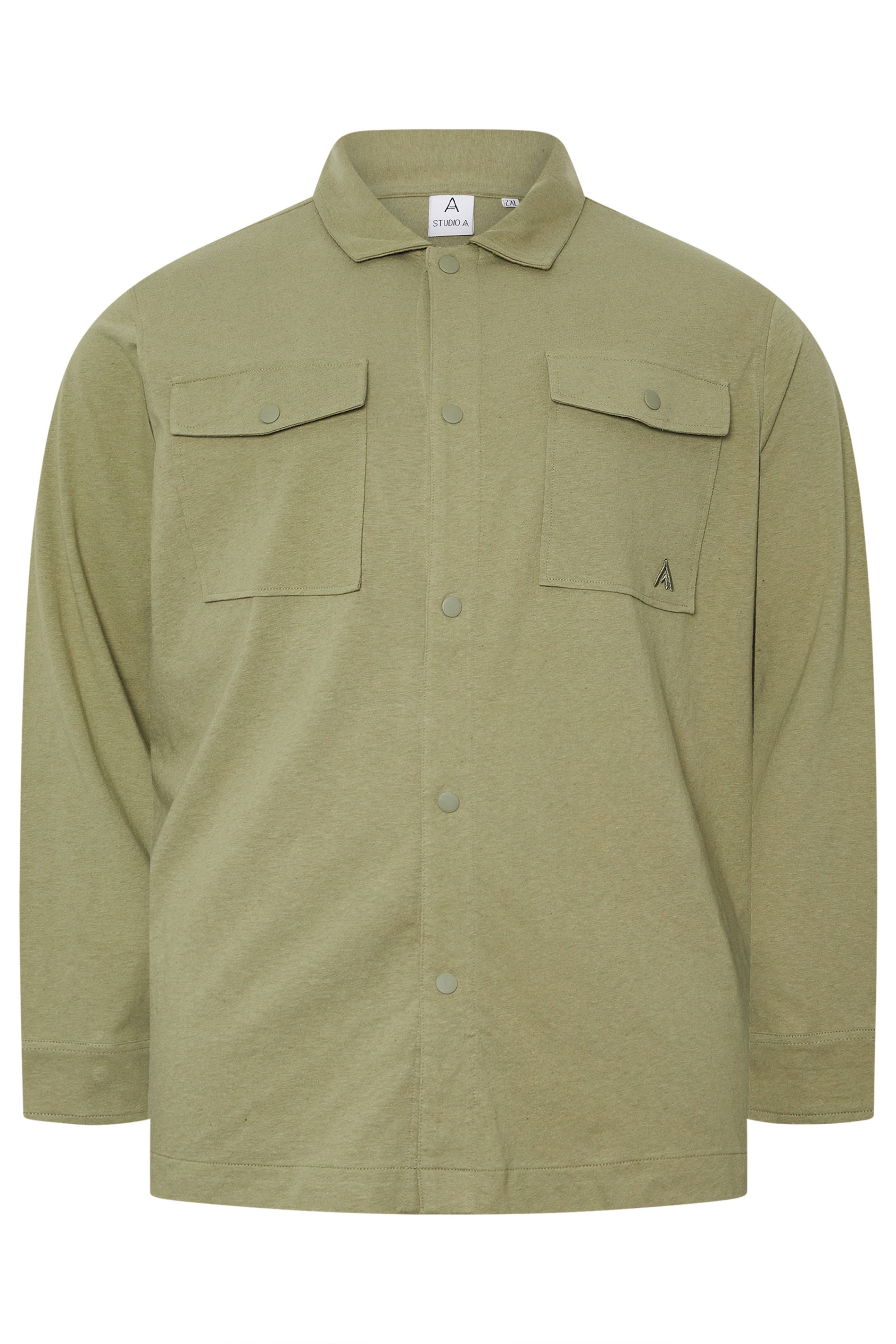 STUDIO A Big & Tall Khaki Green Linen Overshirt | BadRhino 4
