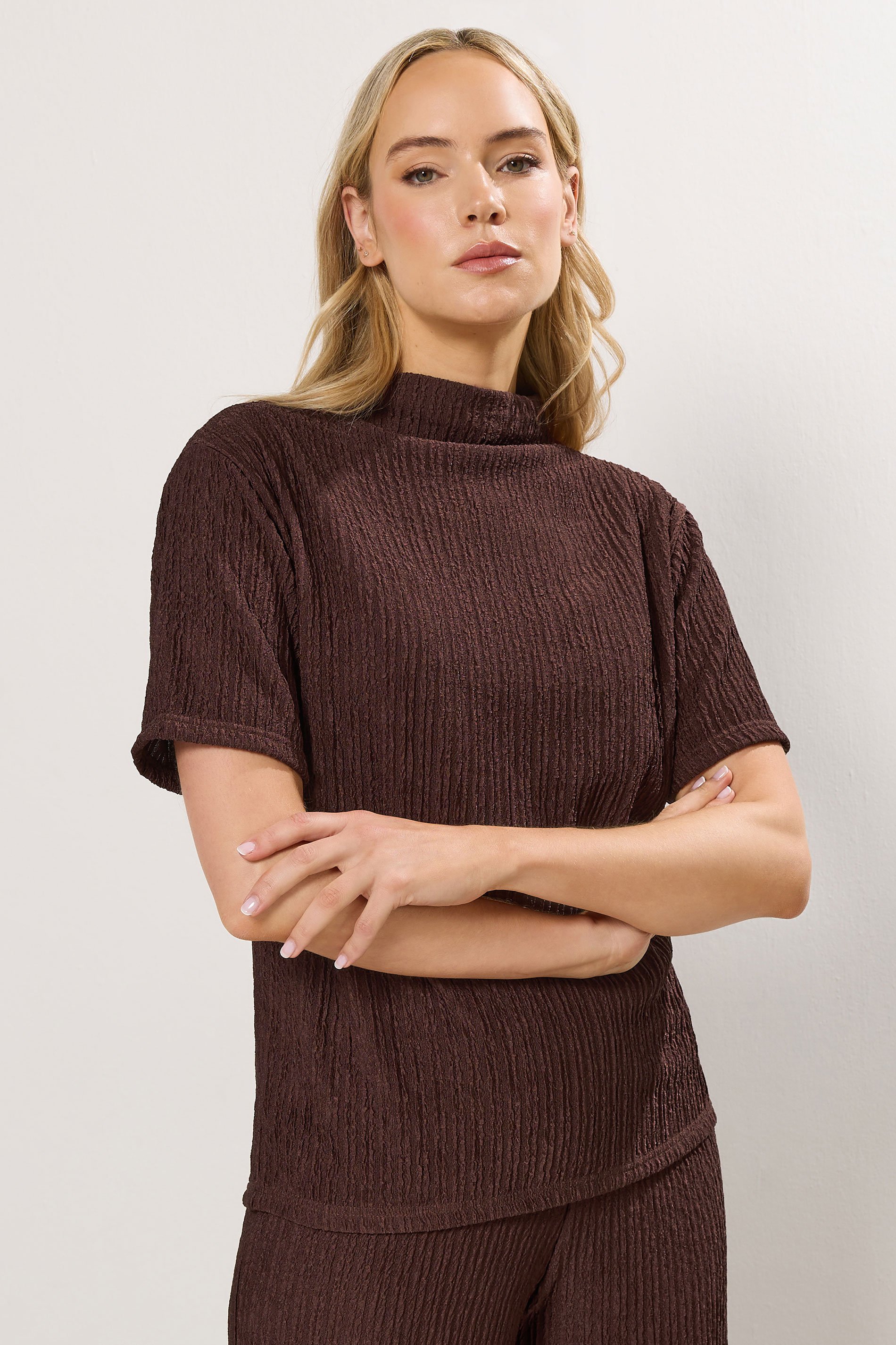 LTS Tall Chocolate Brown Textured Funnel Neck Top | Long Tall Sally 1