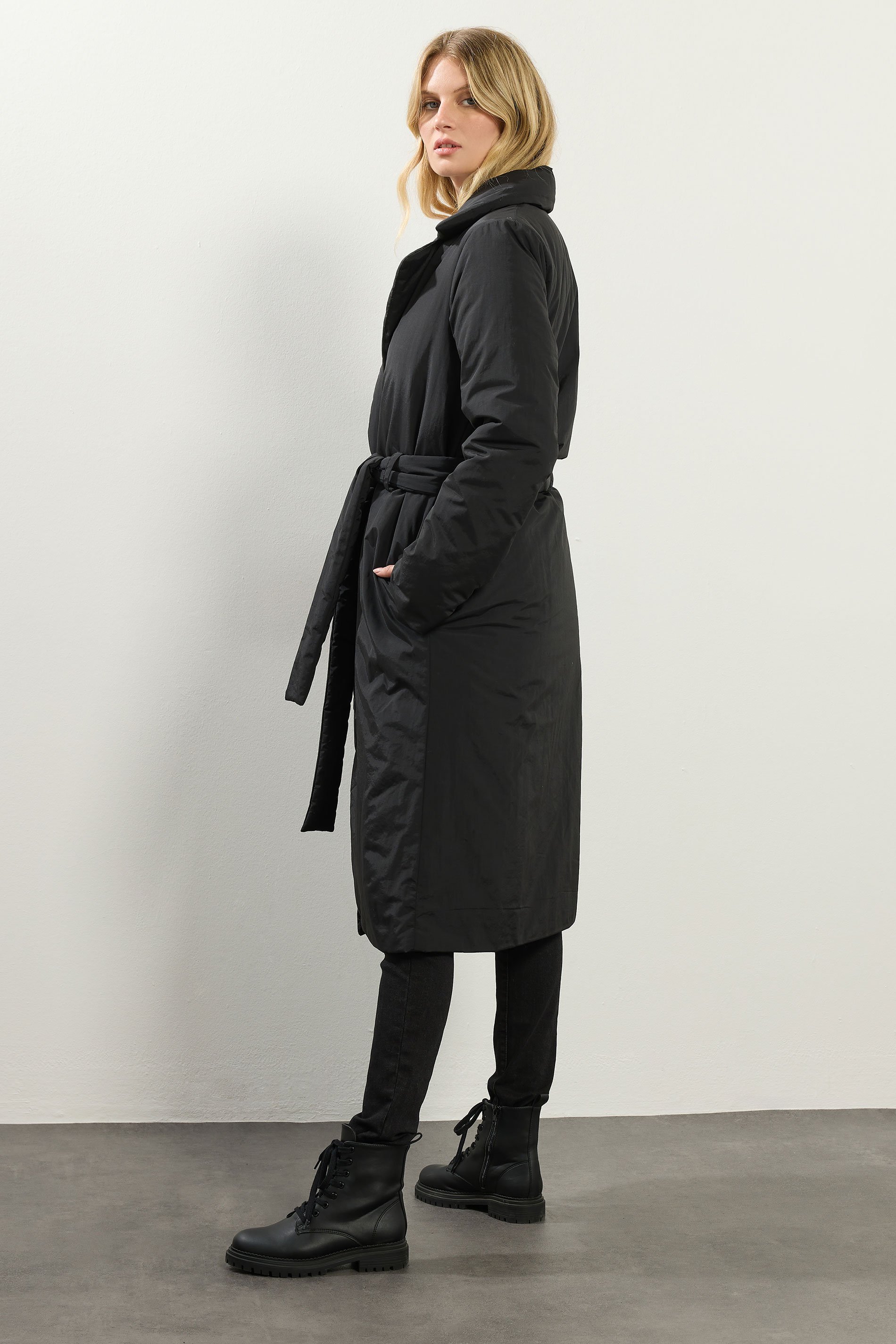 LTS Tall Black Belted Padded Midi Coat | Long Tall Sally 3