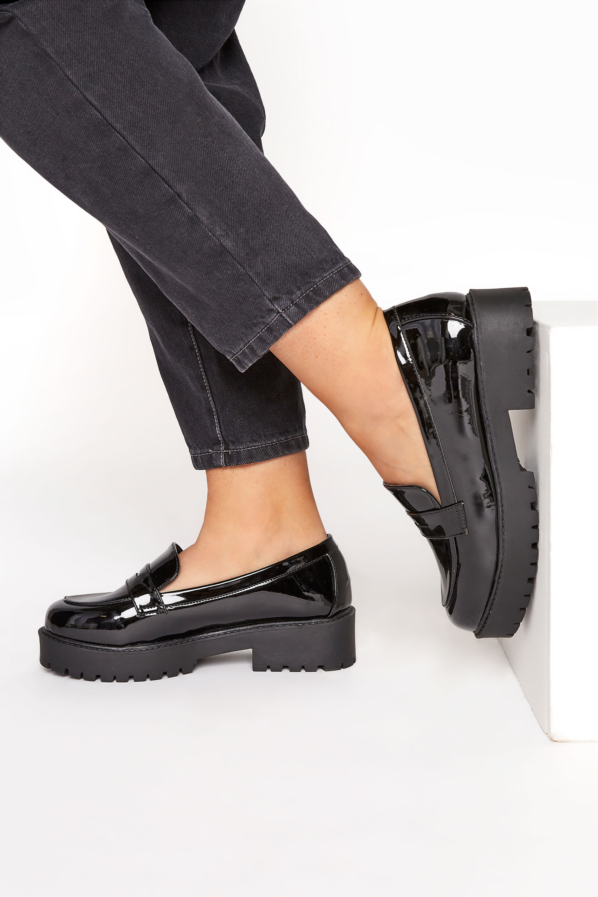 Plus Size Black Patent Chunky Loafers In Wide E Fit & Extra Wide EEE Fit | Yours Clothing 1