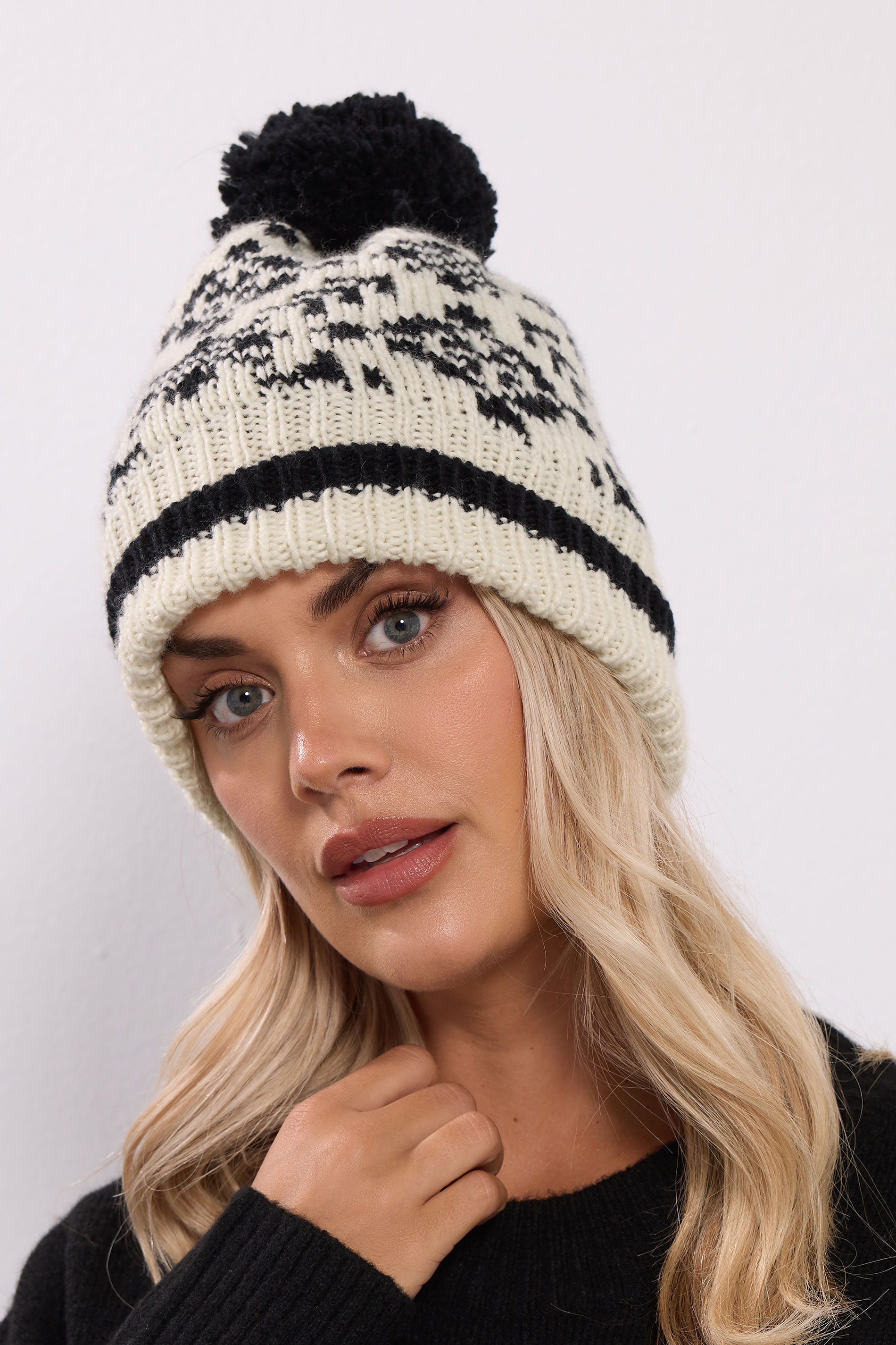 Ivory White Fairisle Pom Pom Bobble Hat | Yours Clothing 1