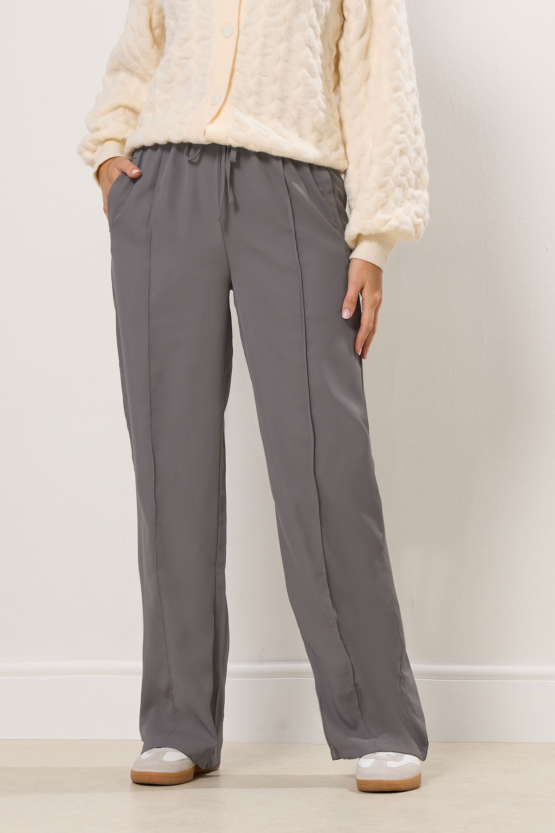LTS Tall Grey Tie Waistband Wide Leg Trousers | Long Tall Sally 2