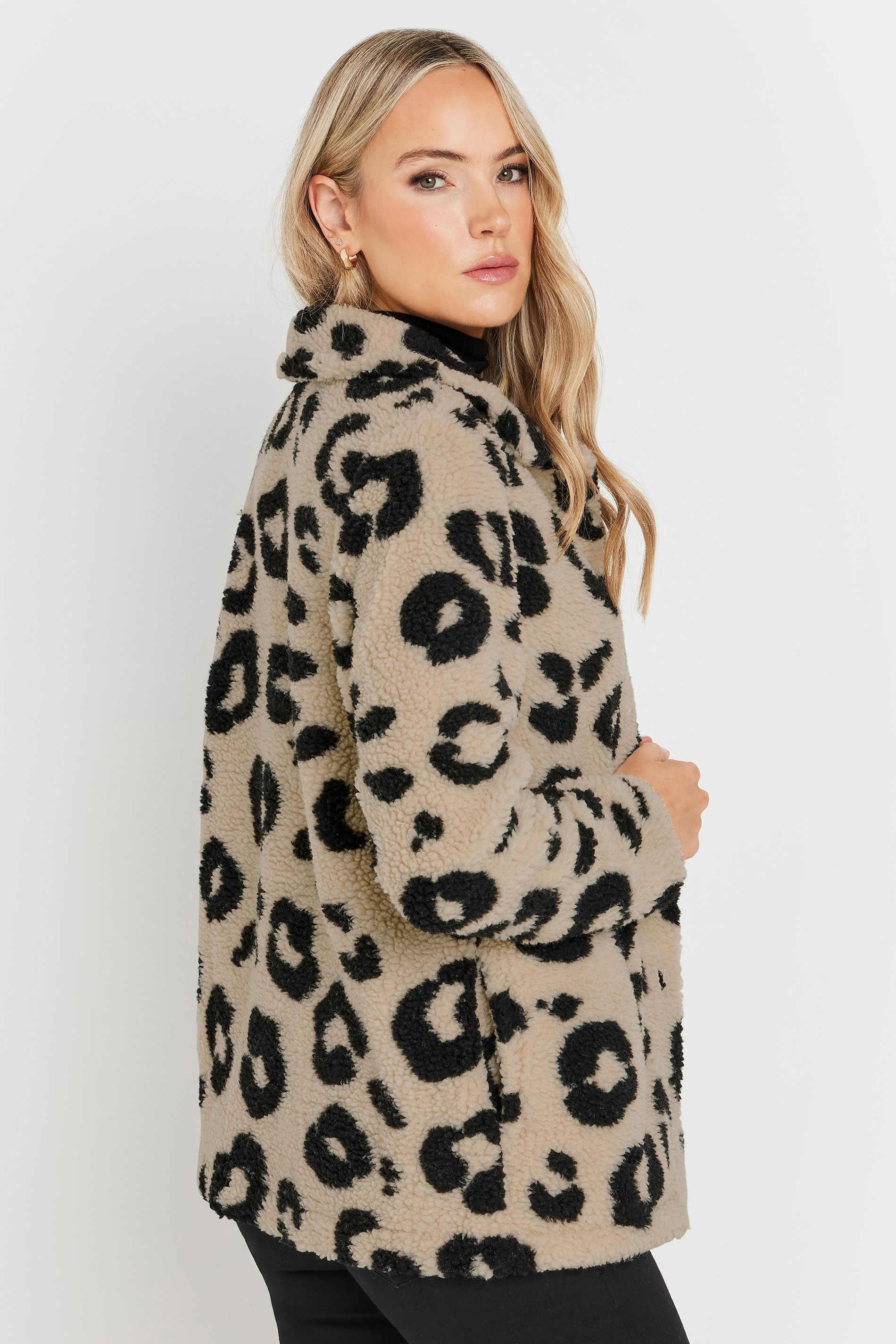 LTS Tall Beige Brown Animal Print Teddy Fleece Jacket | Long Tall Sally 3