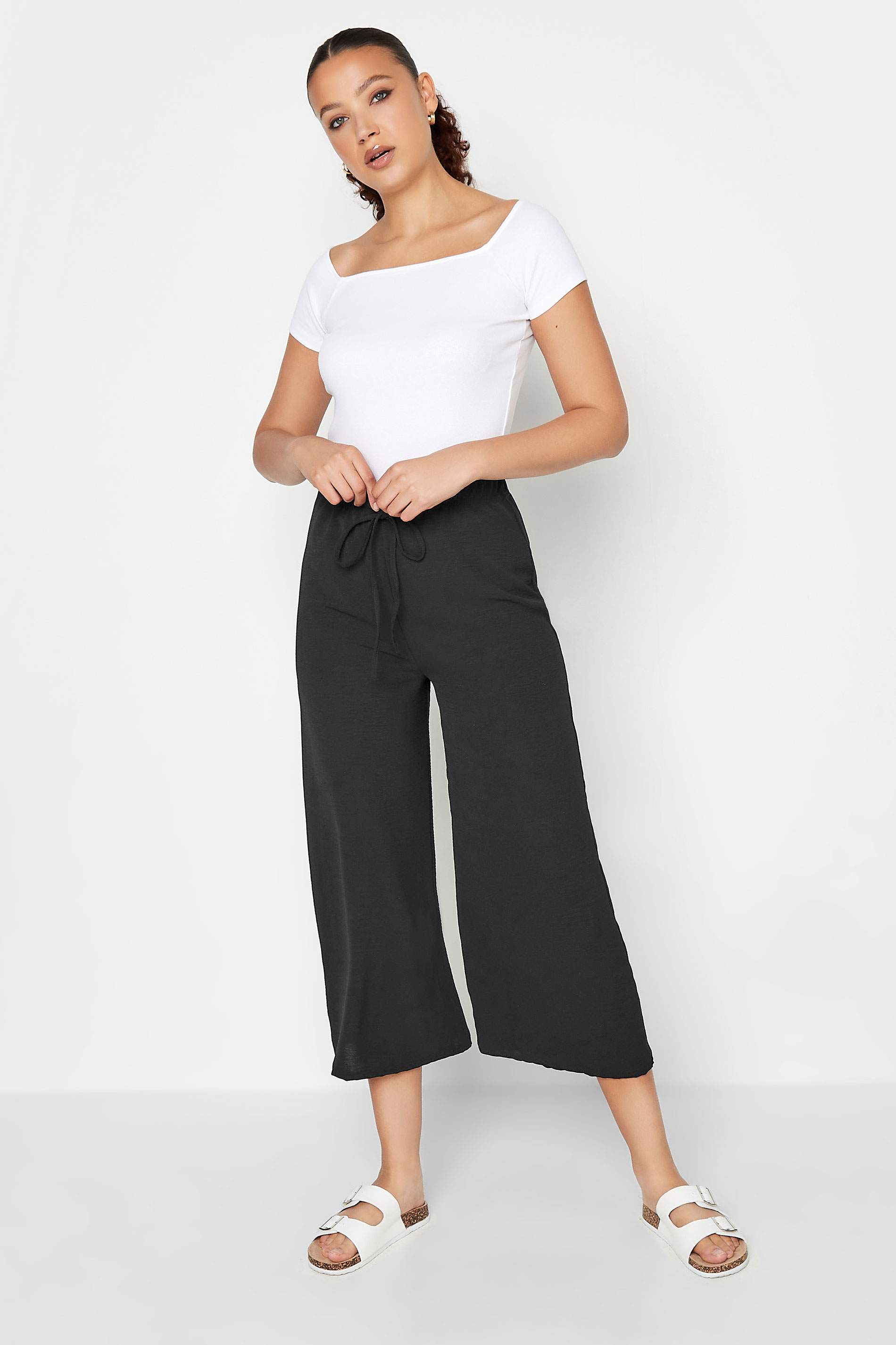 LTS Tall Black Crepe Wide Leg Cropped Trousers | Long Tall Sally 2