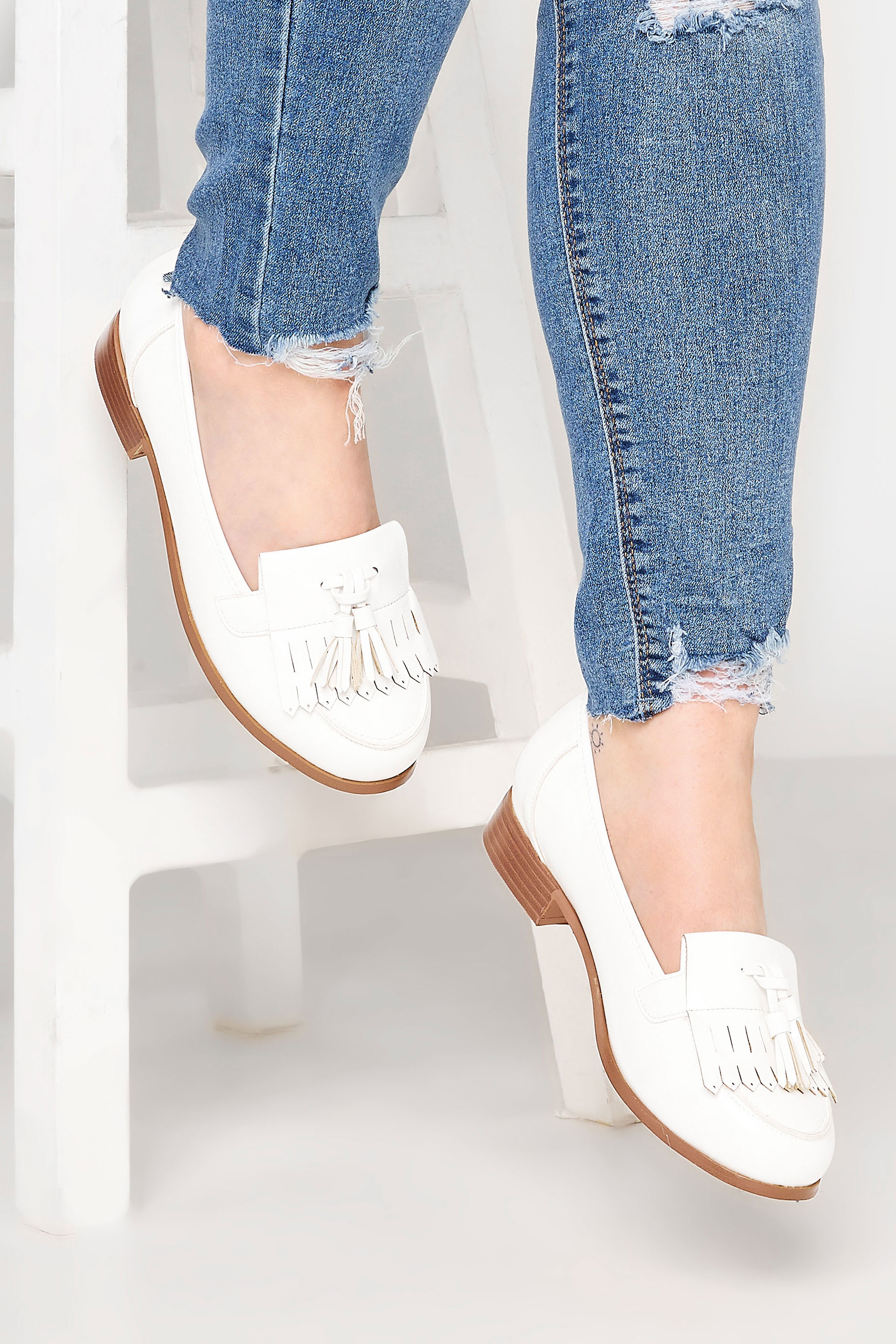 White Patent Tassel Loafers In Wide E Fit & Extra Wide EEE Fit | Yours Clothing  1