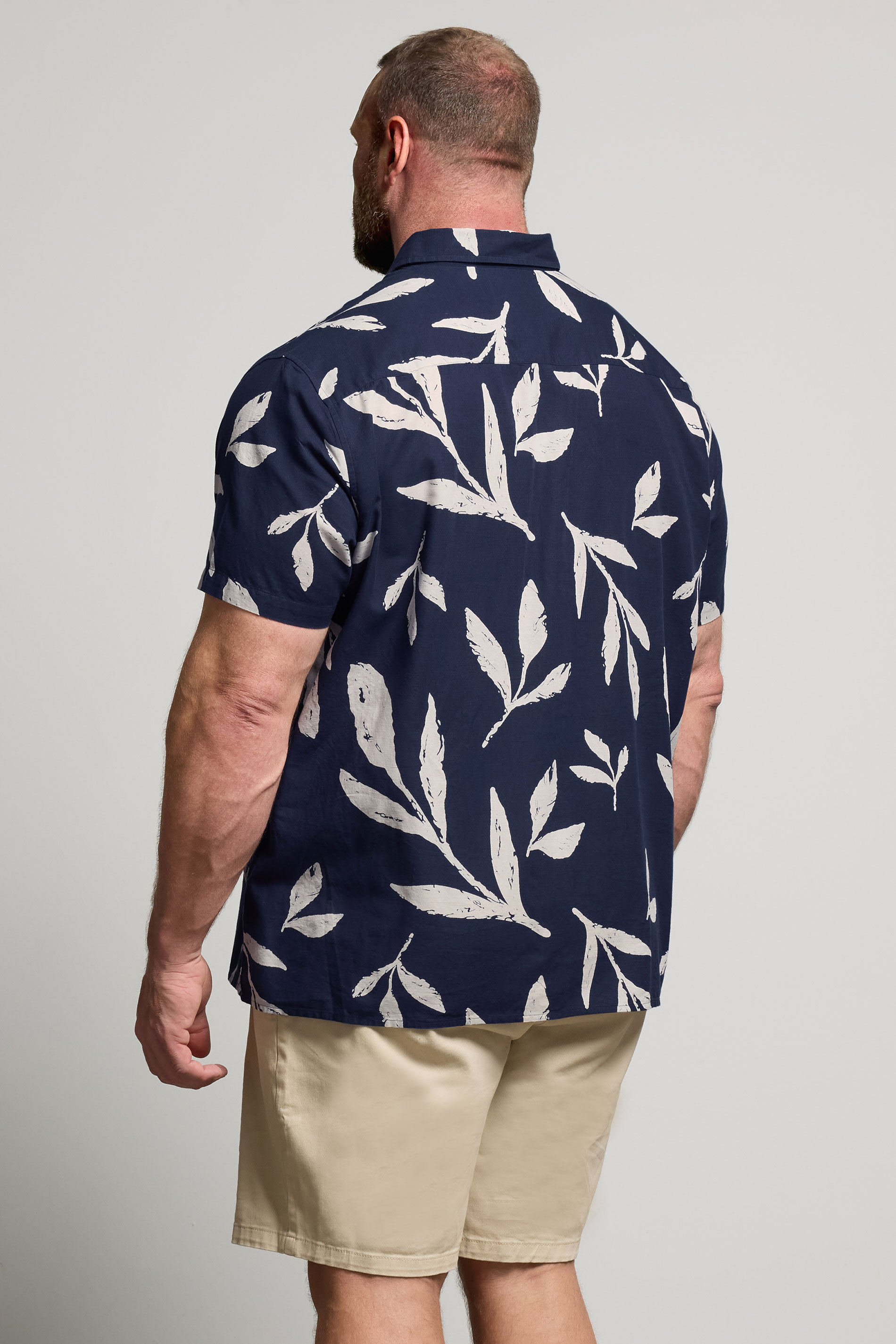 BadRhino Big & Tall Navy Blue Palm Leaf Linen Shirt | BadRhino 4