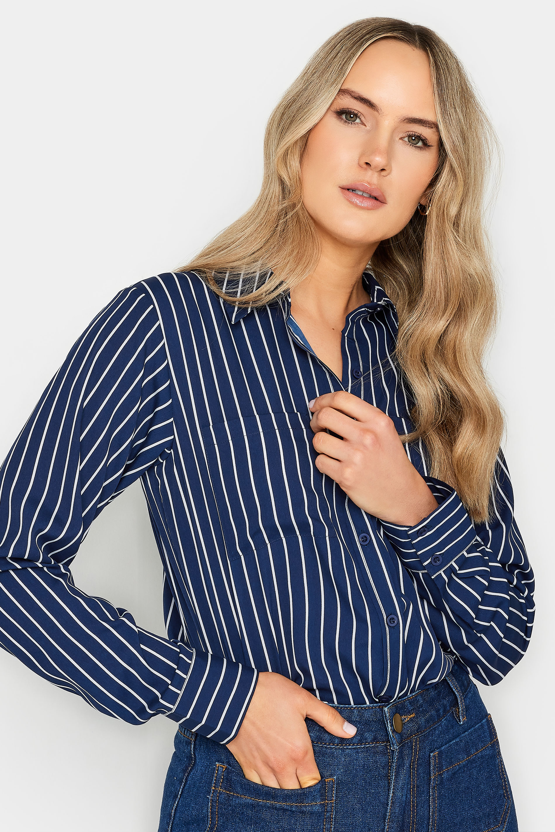 LTS Tall Womens Navy Blue Stripe Longline Shirt | Long Tall Sally  1