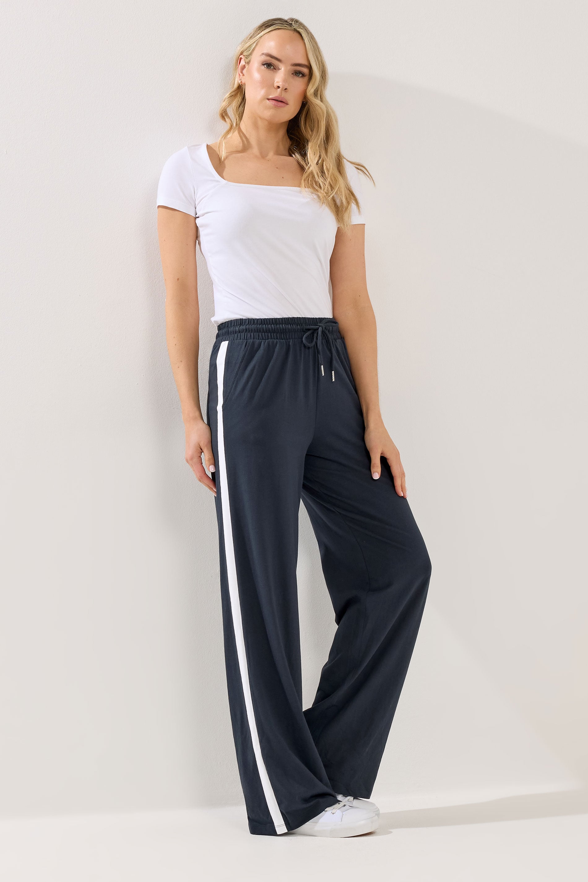 LTS Tall Women's Navy Blue Pipe Detail Cotton Wide Leg Joggers | Long Tall Sally 3