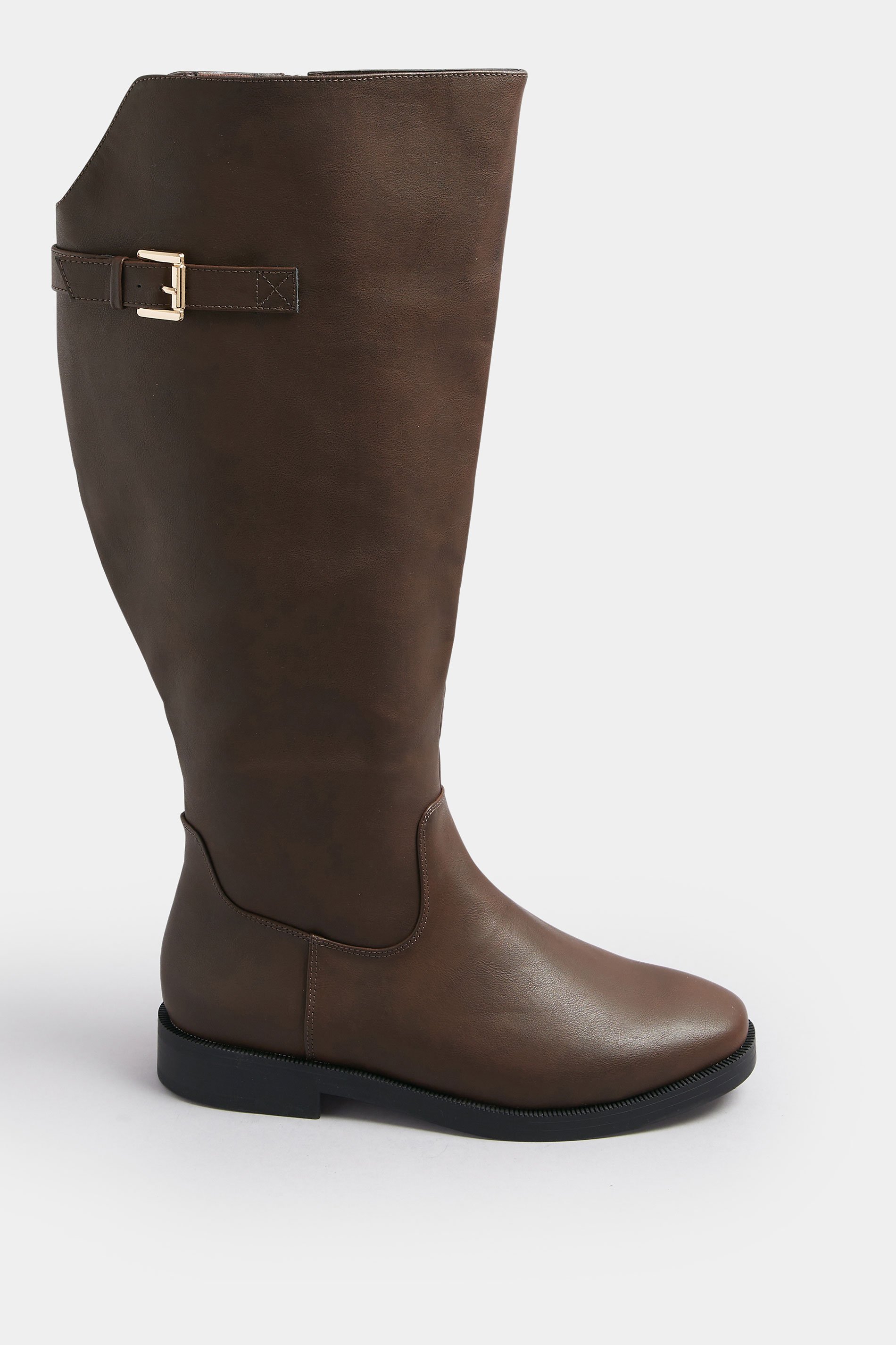 Brown Faux Leather Buckle Detail Knee High Boots In Extra Wide EEE Fit | Yours Clothing 3