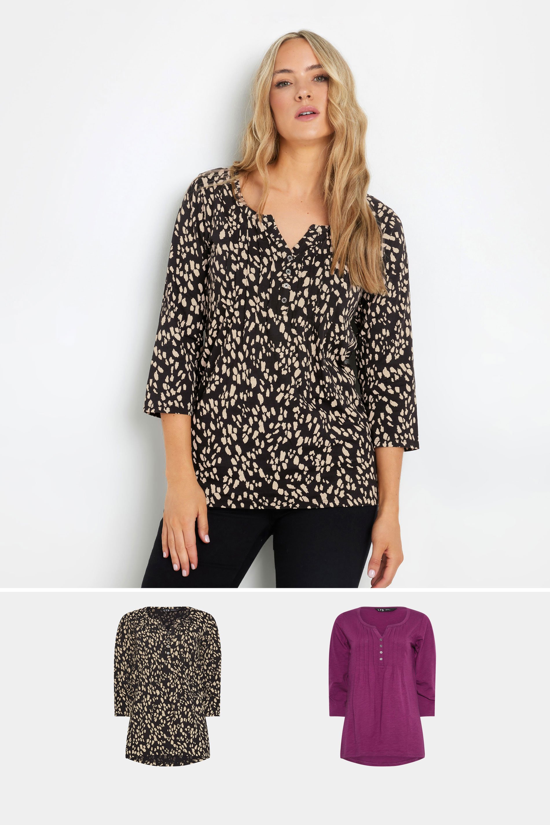 LTS Tall 2 PACK Beige Brown & Dark Pink Henley Tops | Long Tall Sally 1