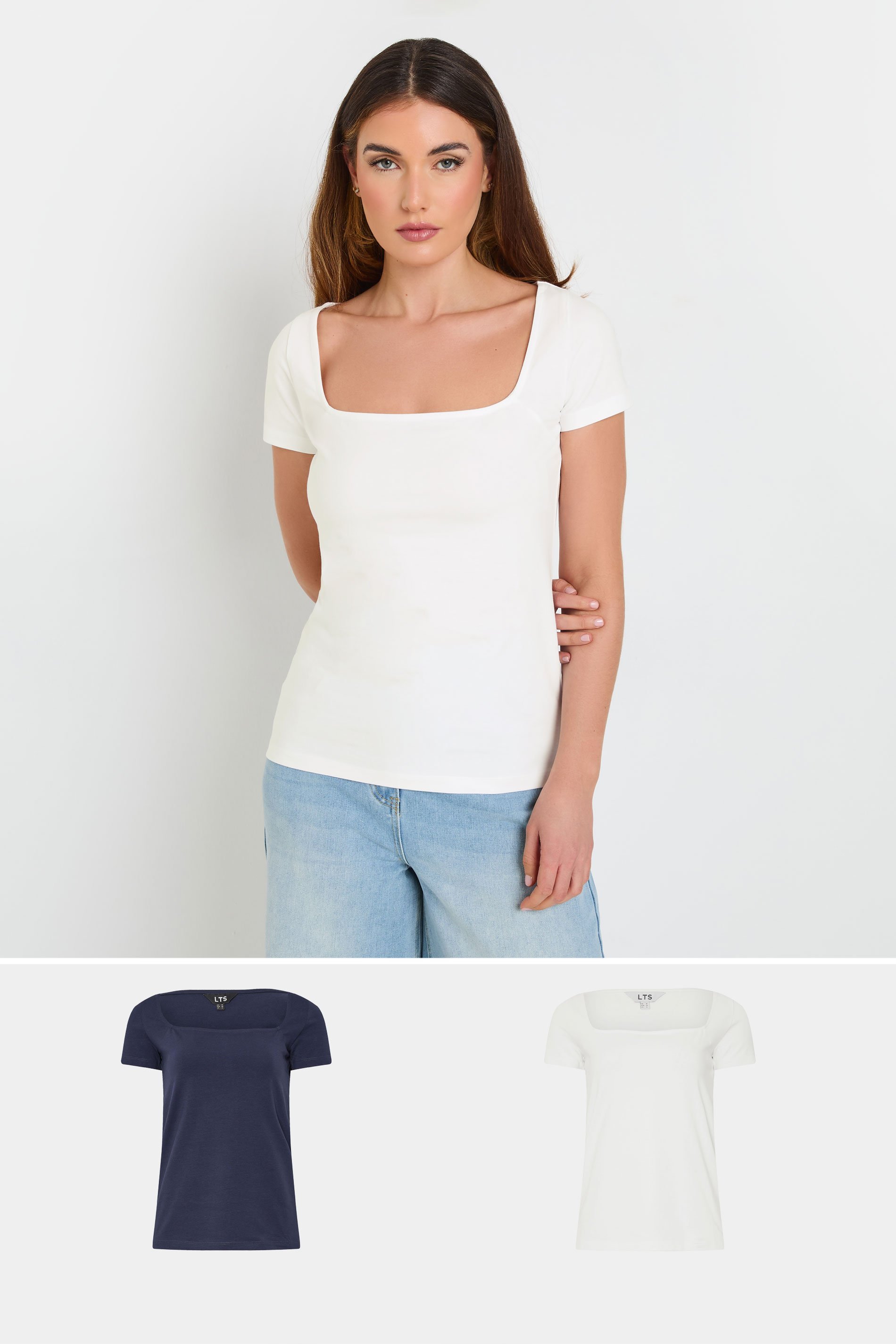 LTS Tall 2 PACK Navy Blue & White Fitted Square Neck Tops | Long Tall Sally 1