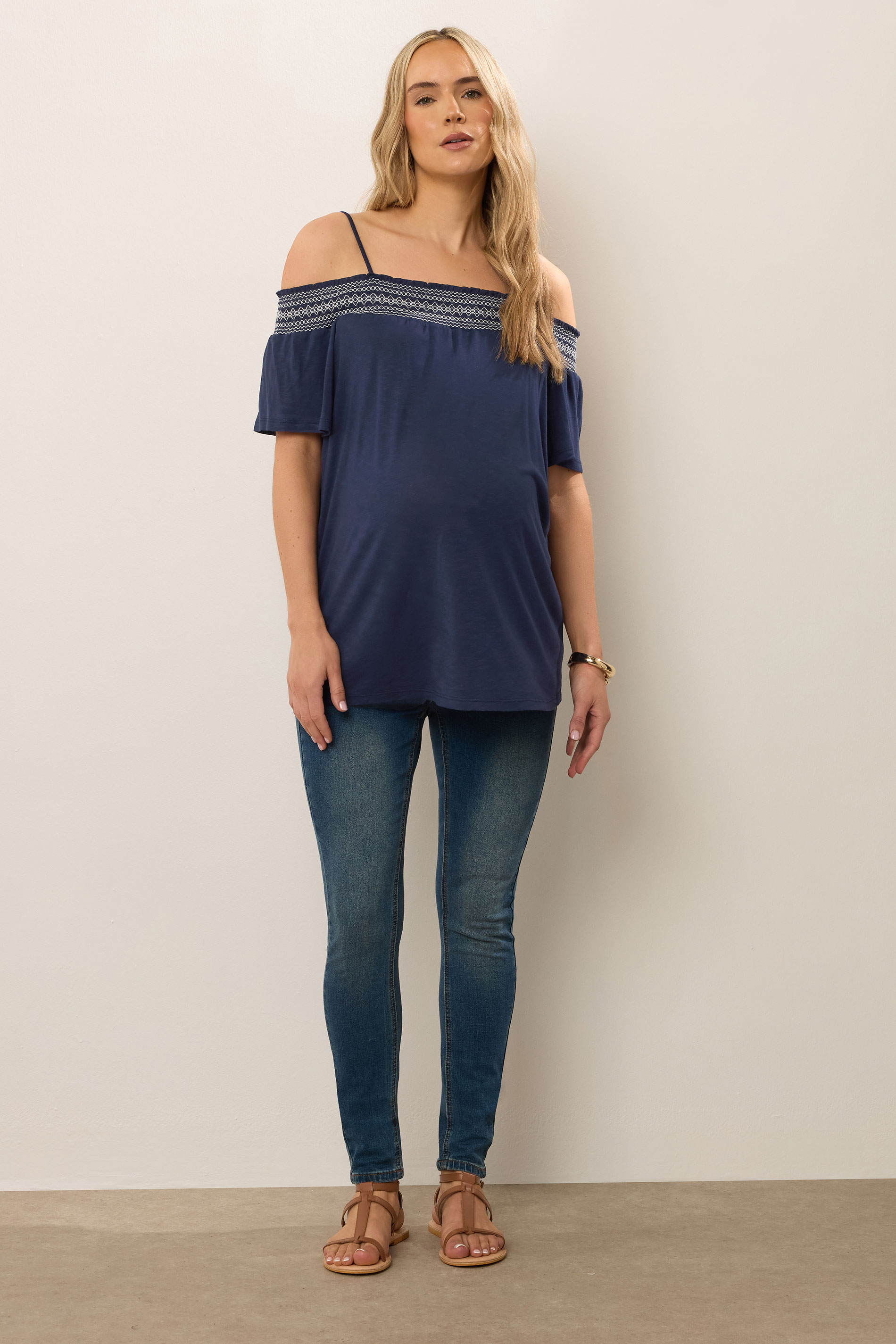 LTS Tall Maternity Navy Blue Embroidered Bardot Top | Long Tall Sally 2